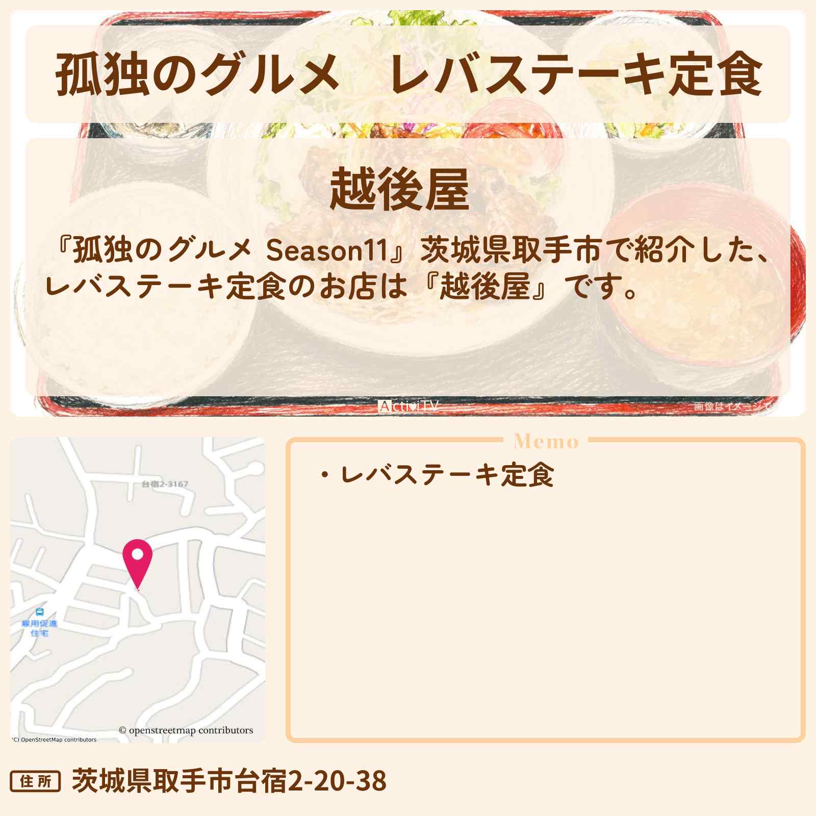【孤独のグルメ】レバステーキ定食『越後屋』茨城県取手市のお店の場所