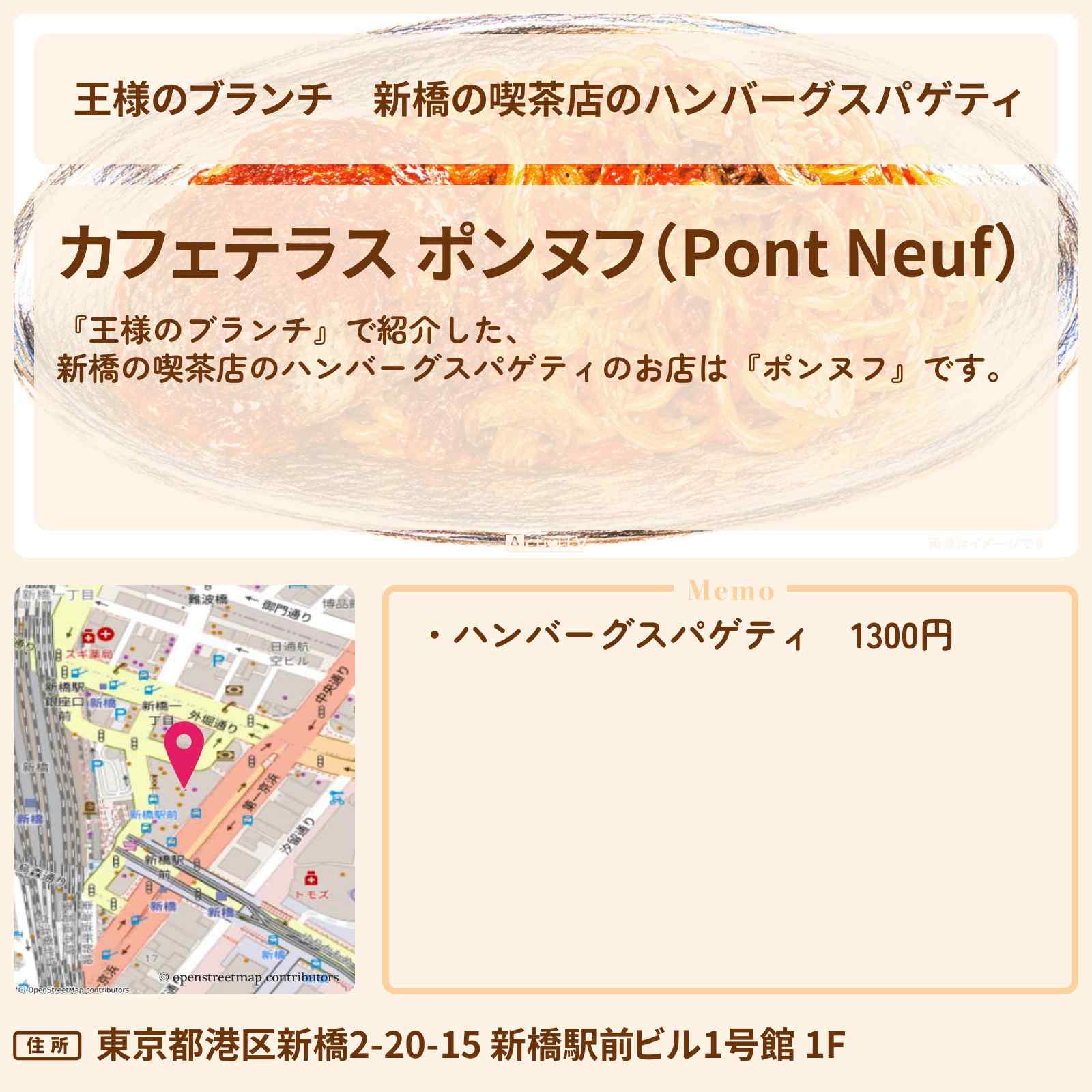 【王様のブランチ】新橋の喫茶店のハンバーグスパゲティ『ポンヌフ』のお店の場所 〔買い物の達人・水上恒司・東方神起・ユンホ〕