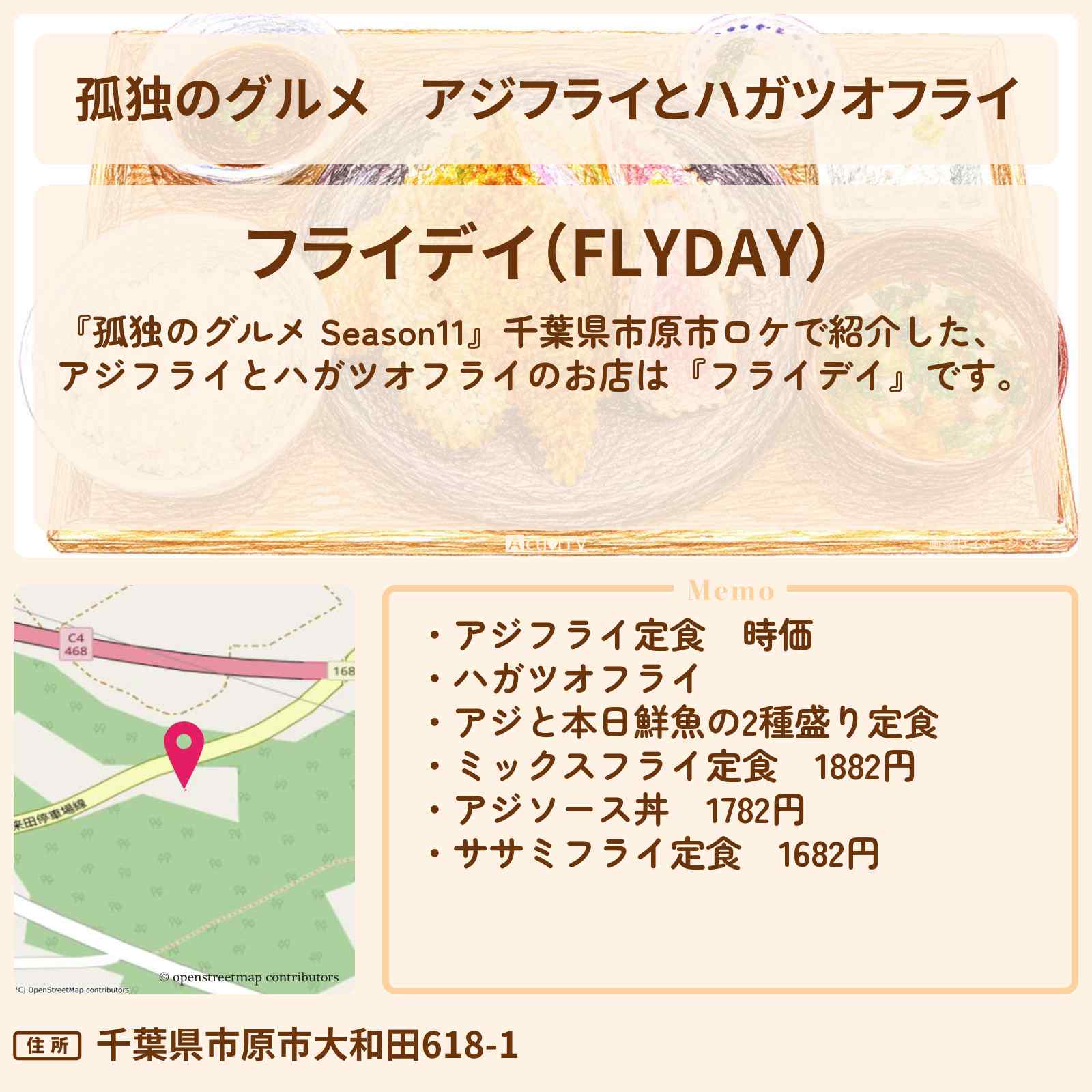 【孤独のグルメ】アジフライとハガツオフライ『フライデイ』千葉県市原市高滝のお店の場所
