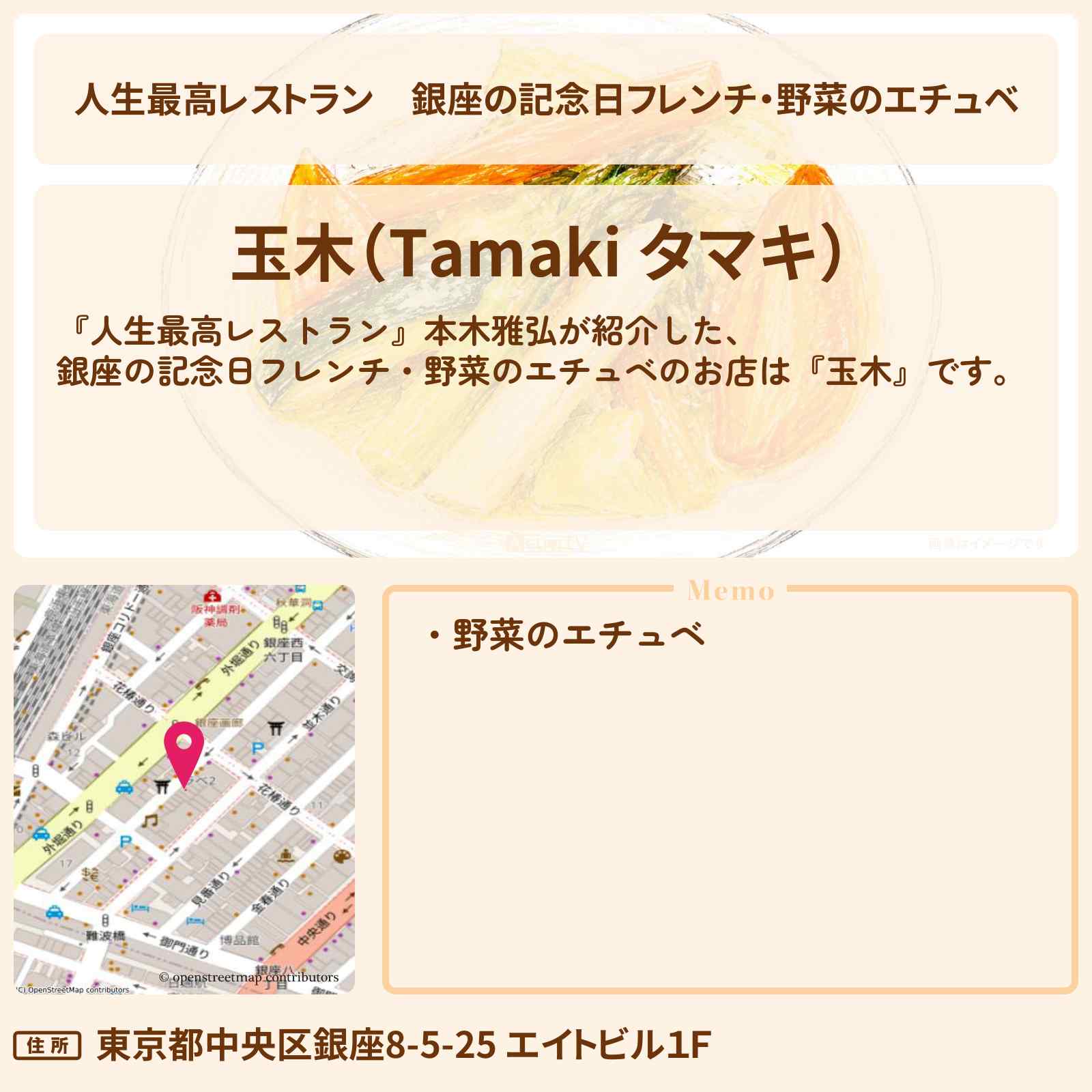 【人生最高レストラン】銀座の記念日フレンチ・野菜のエチュベ『玉木』銀座のお店の場所〔本木雅弘〕