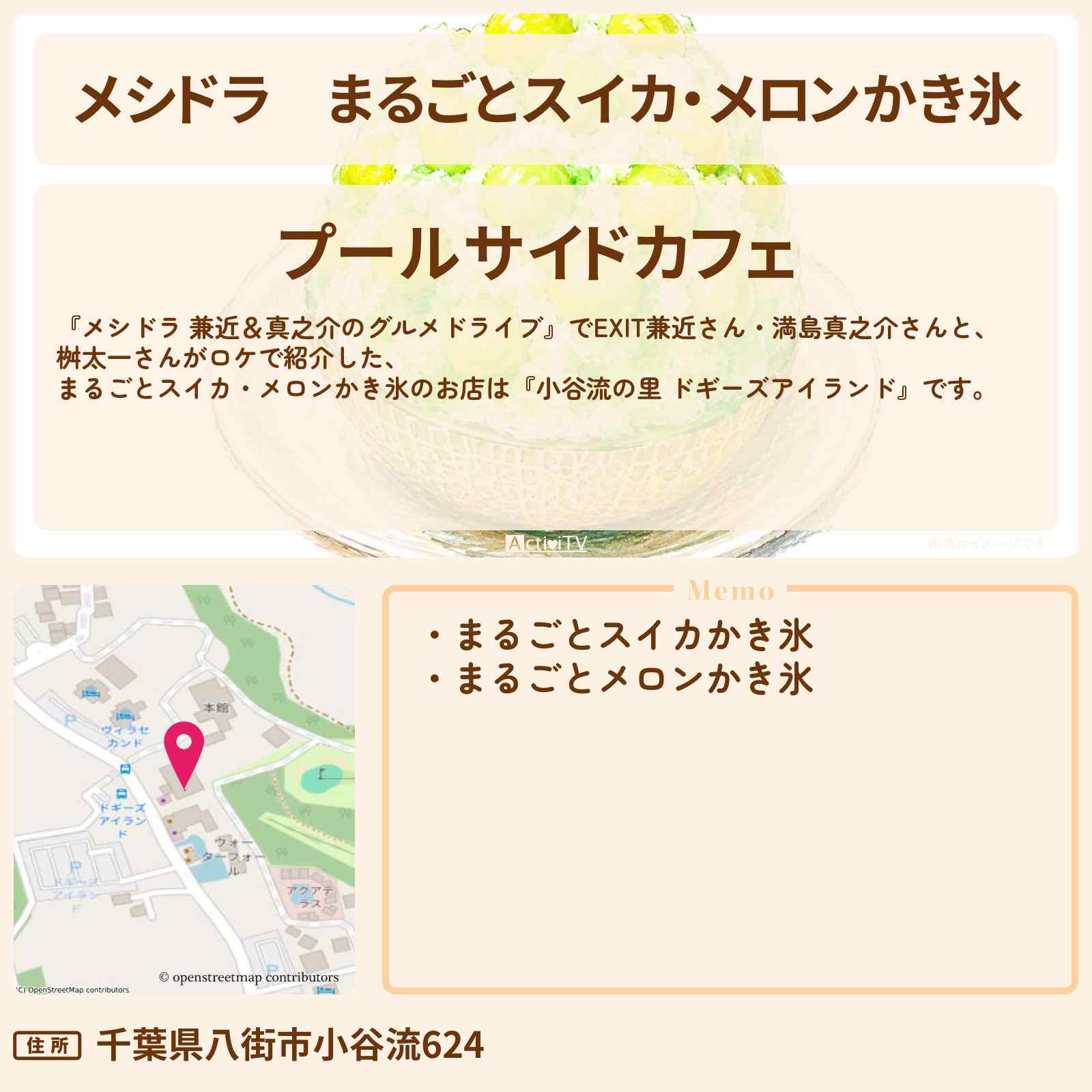 【メシドラ】まるごとスイカ・メロンかき氷『小谷流の里 ドギーズアイランド』千葉県八街市のお店情報〔EXIT兼近・満島真之介・桝太一〕