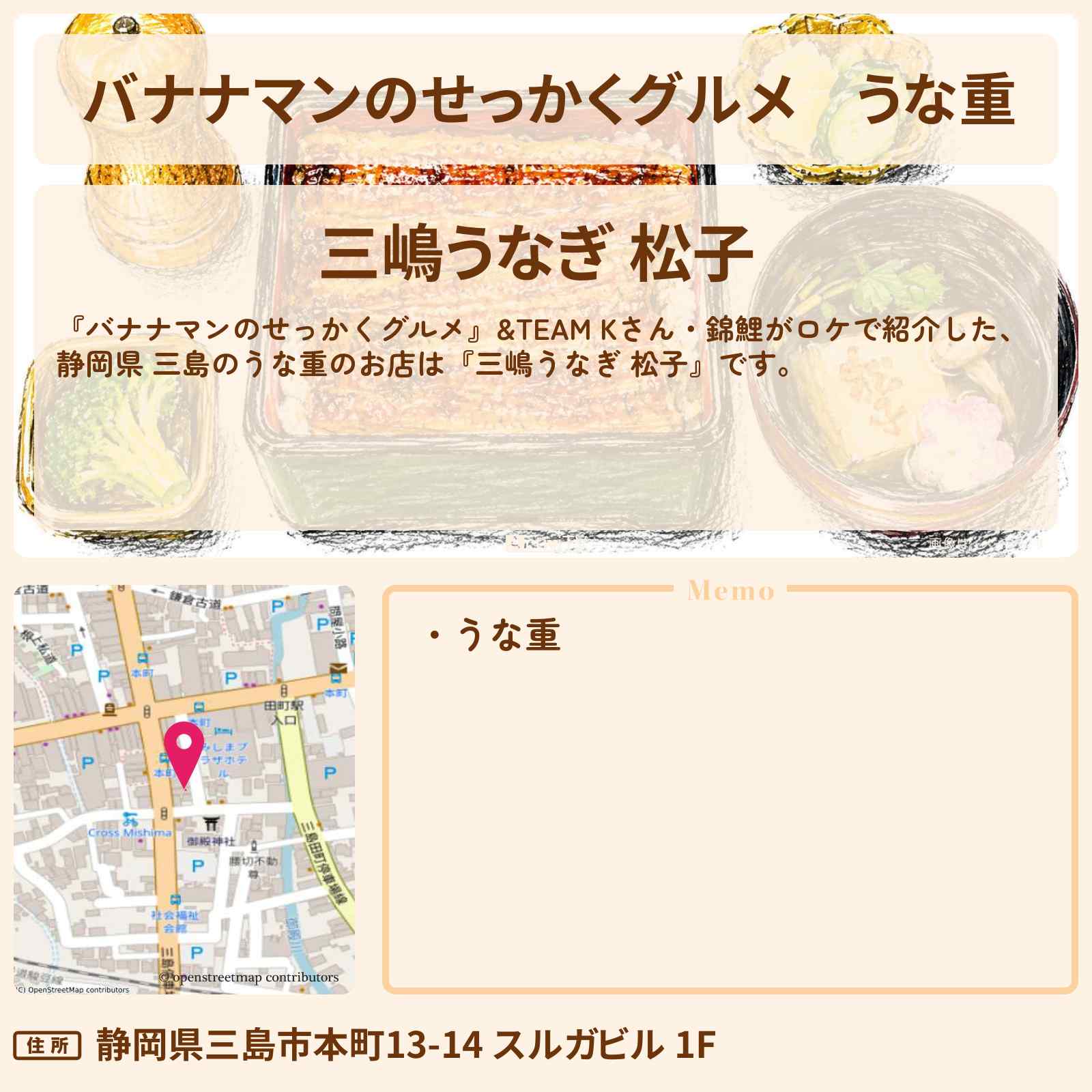 【バナナマンのせっかくグルメ】うな重 静岡県 三島の鰻屋さん『松子』ロケのお店情報〔K・&TEAM・錦鯉〕
