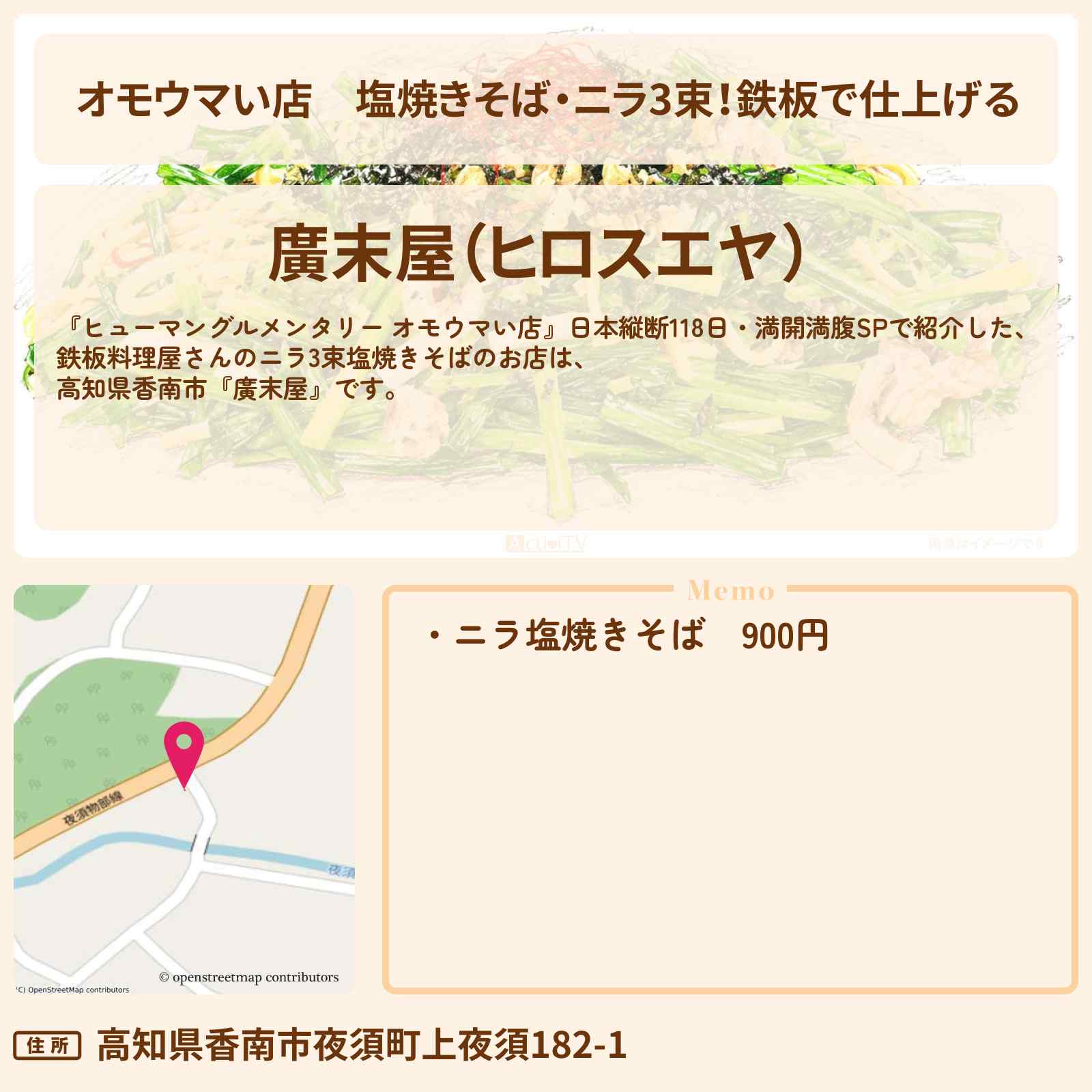 【オモウマい店】塩焼きそば・ニラ3束!鉄板で仕上げる『廣末屋』高知県香南市のお店の場所