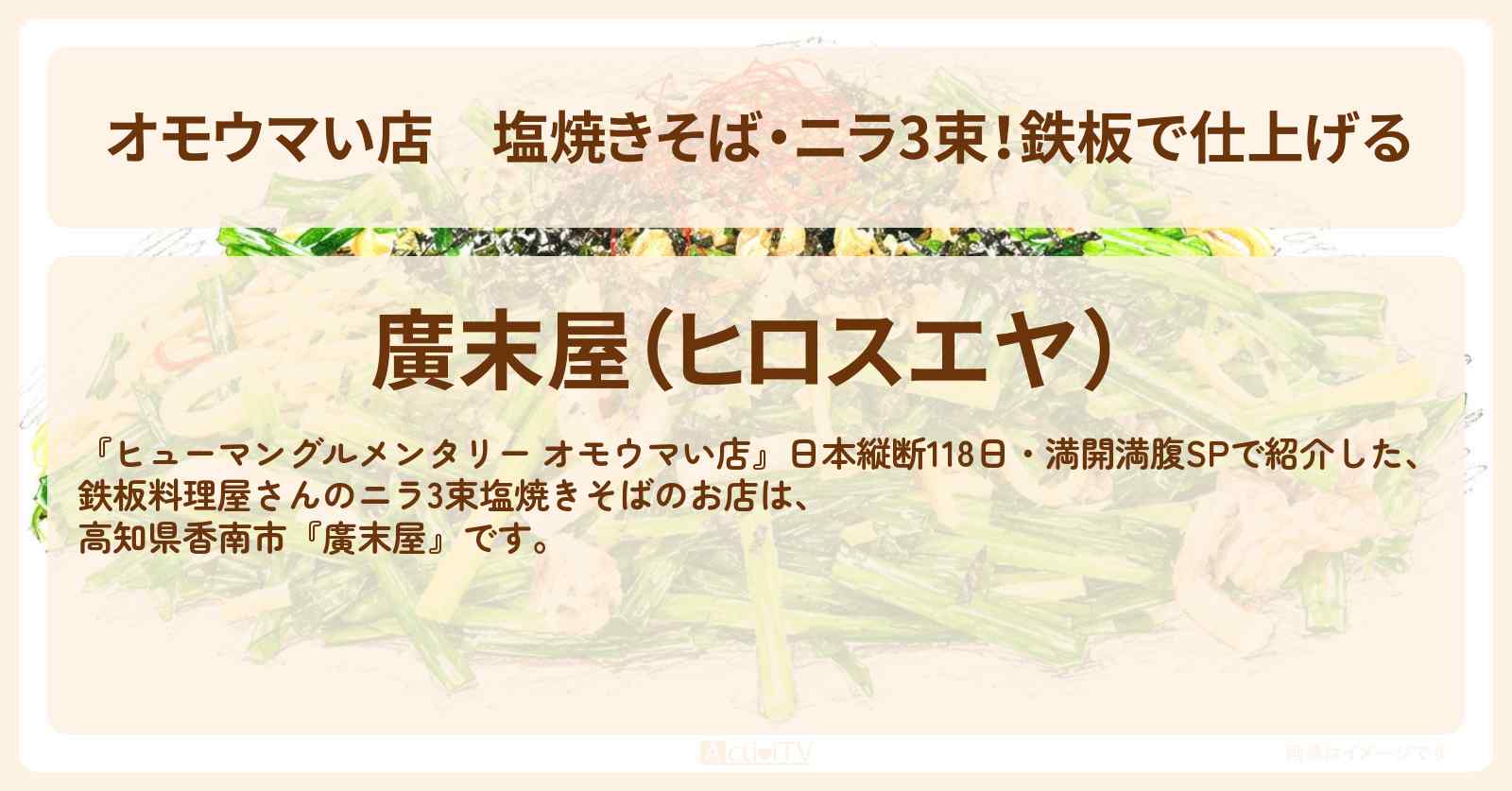 【オモウマい店】塩焼きそば・ニラ3束！鉄板で仕上げる『廣末屋』高知県香南市のお店の場所