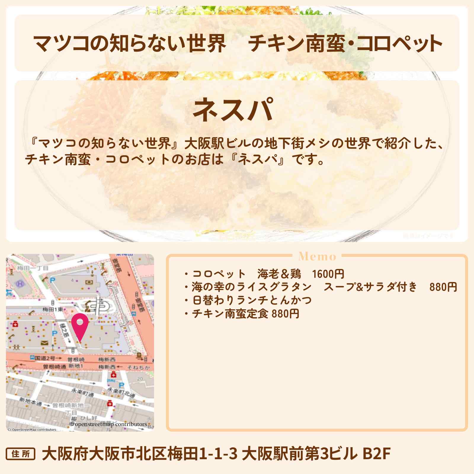 【マツコの知らない世界】チキン南蛮・コロペット『ネスパ』大阪駅ビルの地下街メシの世界のお店情報