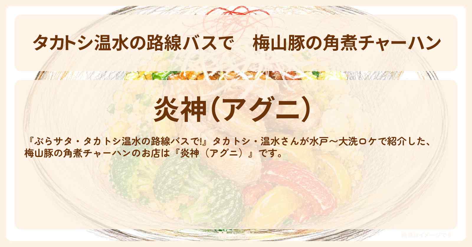 【タカトシ温水の路線バスで】梅山豚の角煮チャーハン『炎神(アグニ)』水戸のお店の場所〔松島トモ子〕