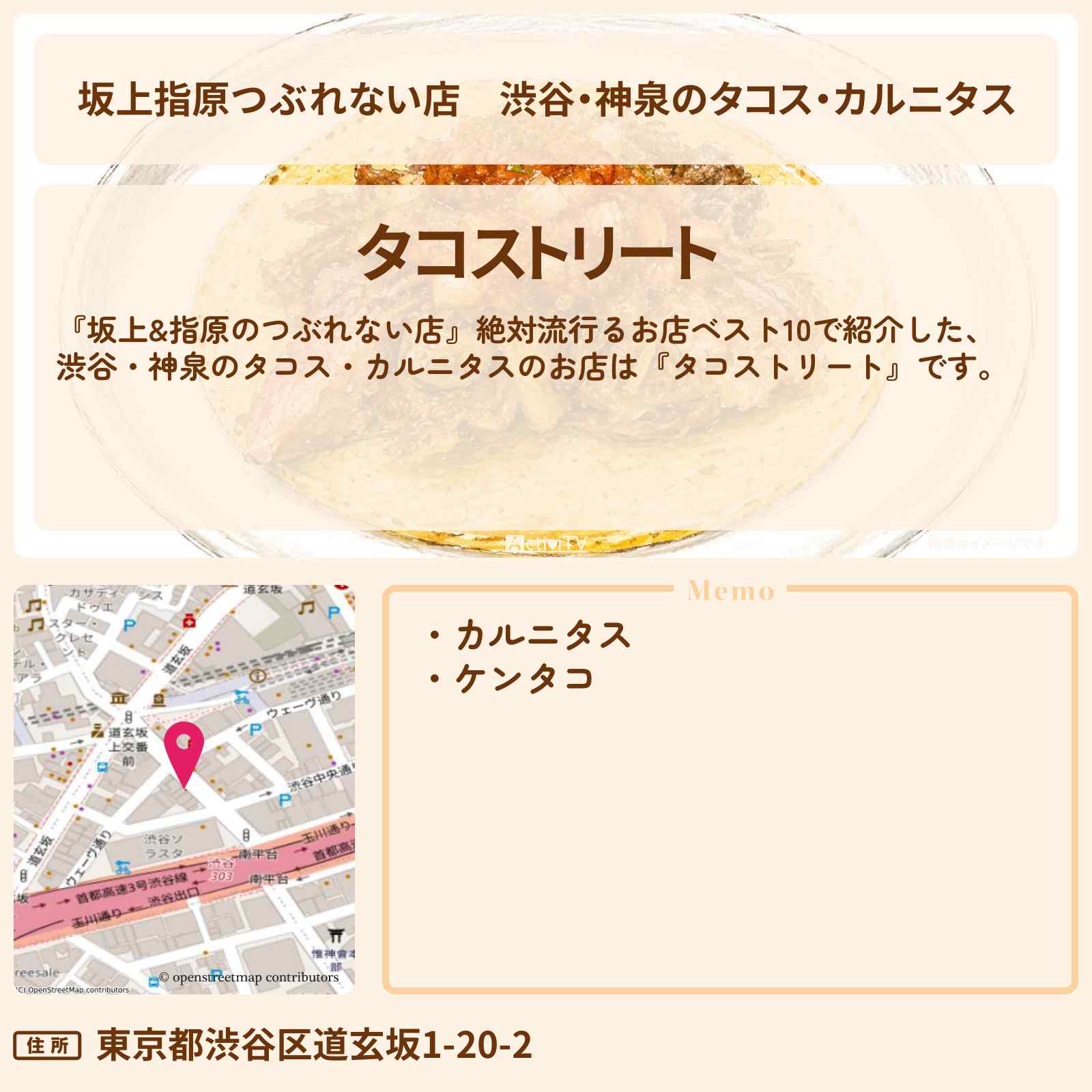 【坂上指原つぶれない店】渋谷・神泉のタコス・カルニタス『タコストリート』お店の場所
