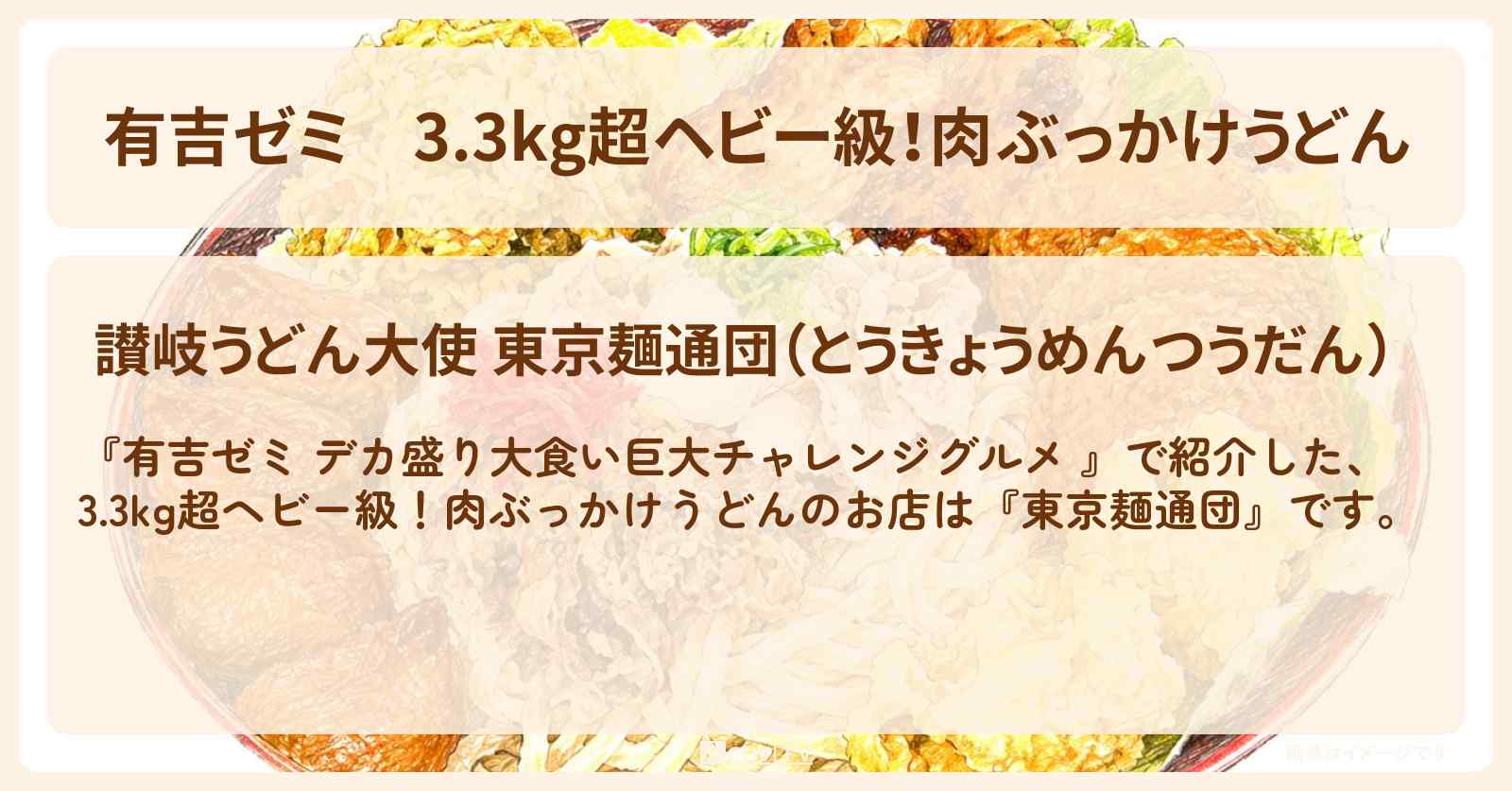 3.3kg超ヘビー級!肉ぶっかけうどん『東京麺通団』新宿のお店の場所「ギャル曽根 vs チャレンジグルメ」2026/6/1放送