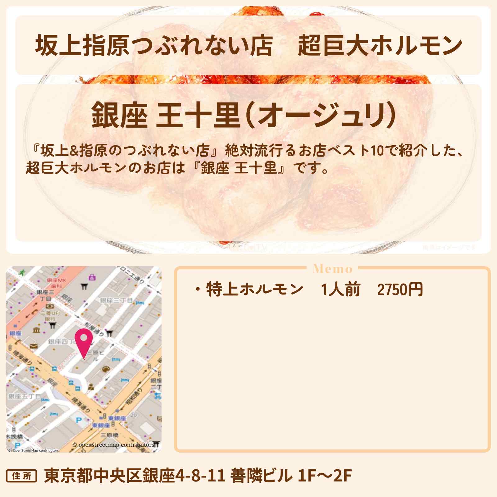 【坂上指原つぶれない店】超巨大ホルモン『銀座 王十里』のお店の場所