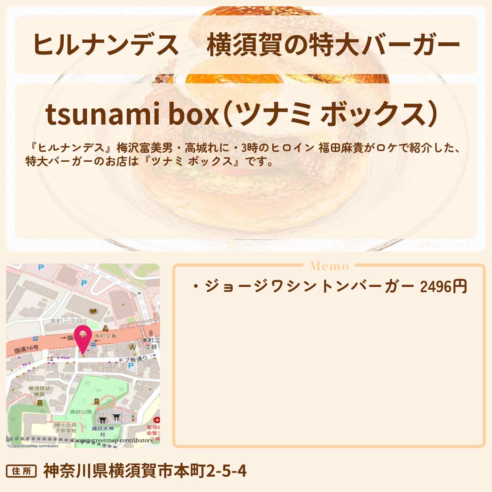 【ヒルナンデス】横須賀の特大バーガー『ツナミ ボックス』お店情報〔梅沢富美男・高城れに・3時のヒロイン・福田麻貴〕