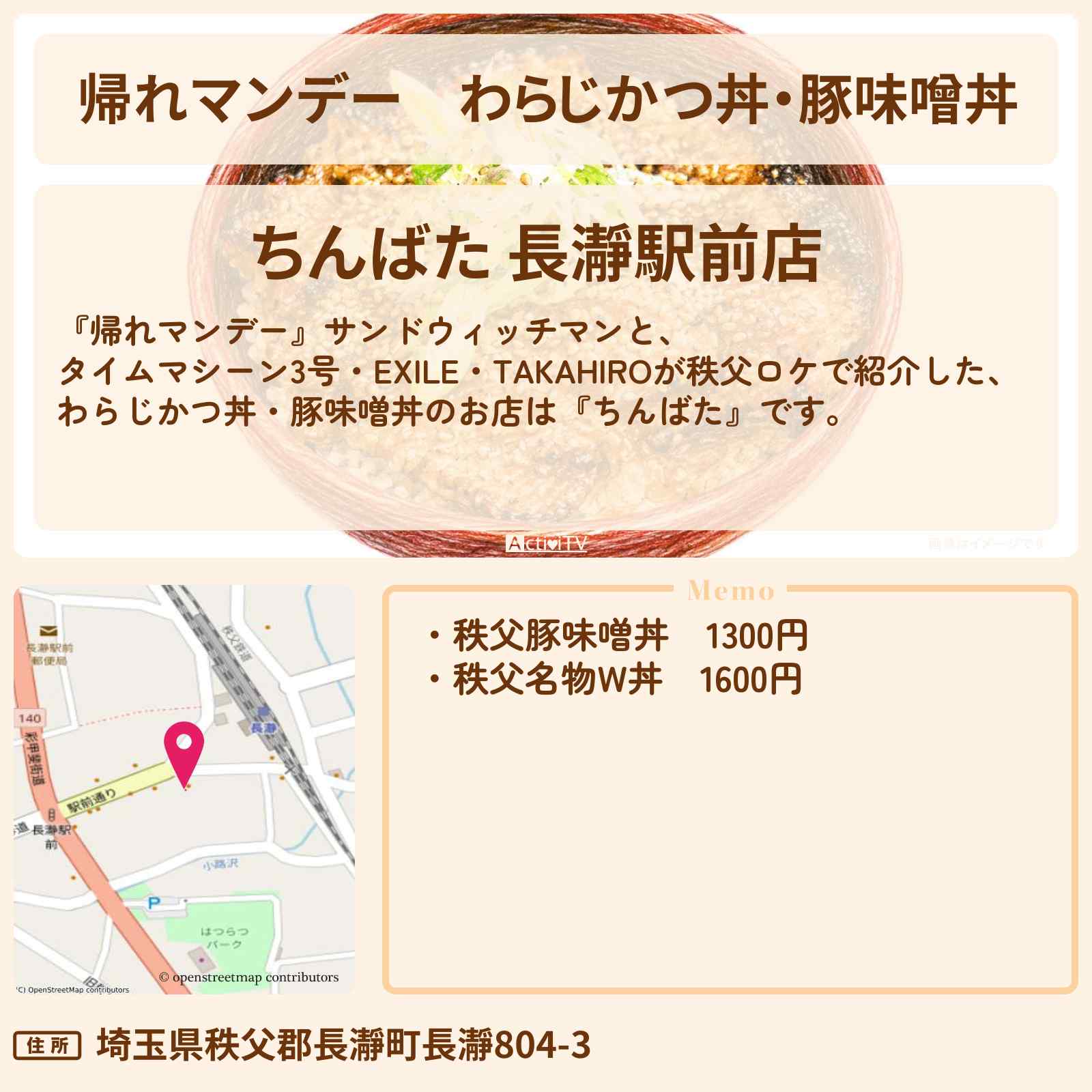 【帰れマンデー】わらじかつ丼・豚味噌丼『ちんばた』秩父・長瀞のお店の場所