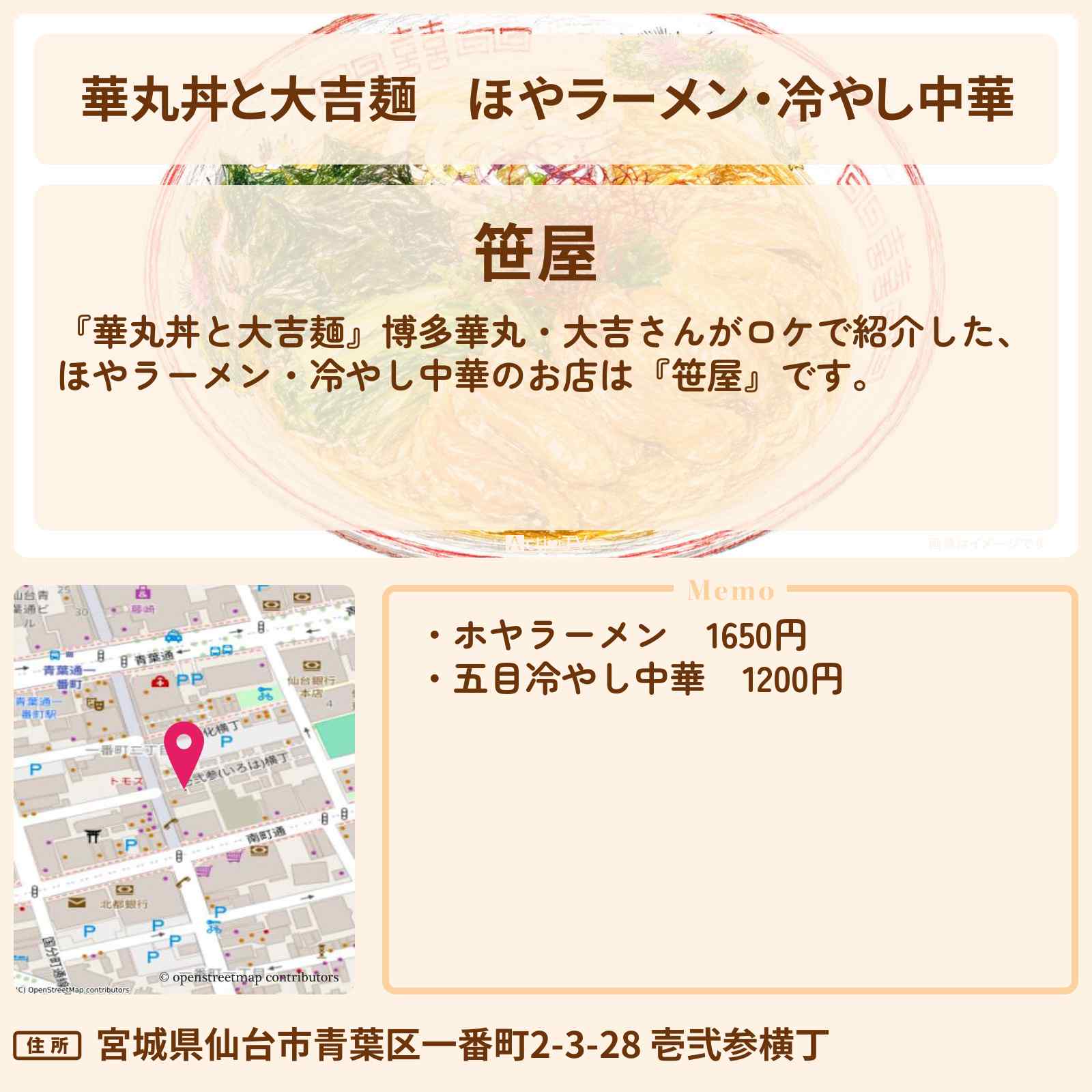 【華丸丼と大吉麺】ほやラーメン・冷やし中華『笹屋』仙台ロケのお店情報