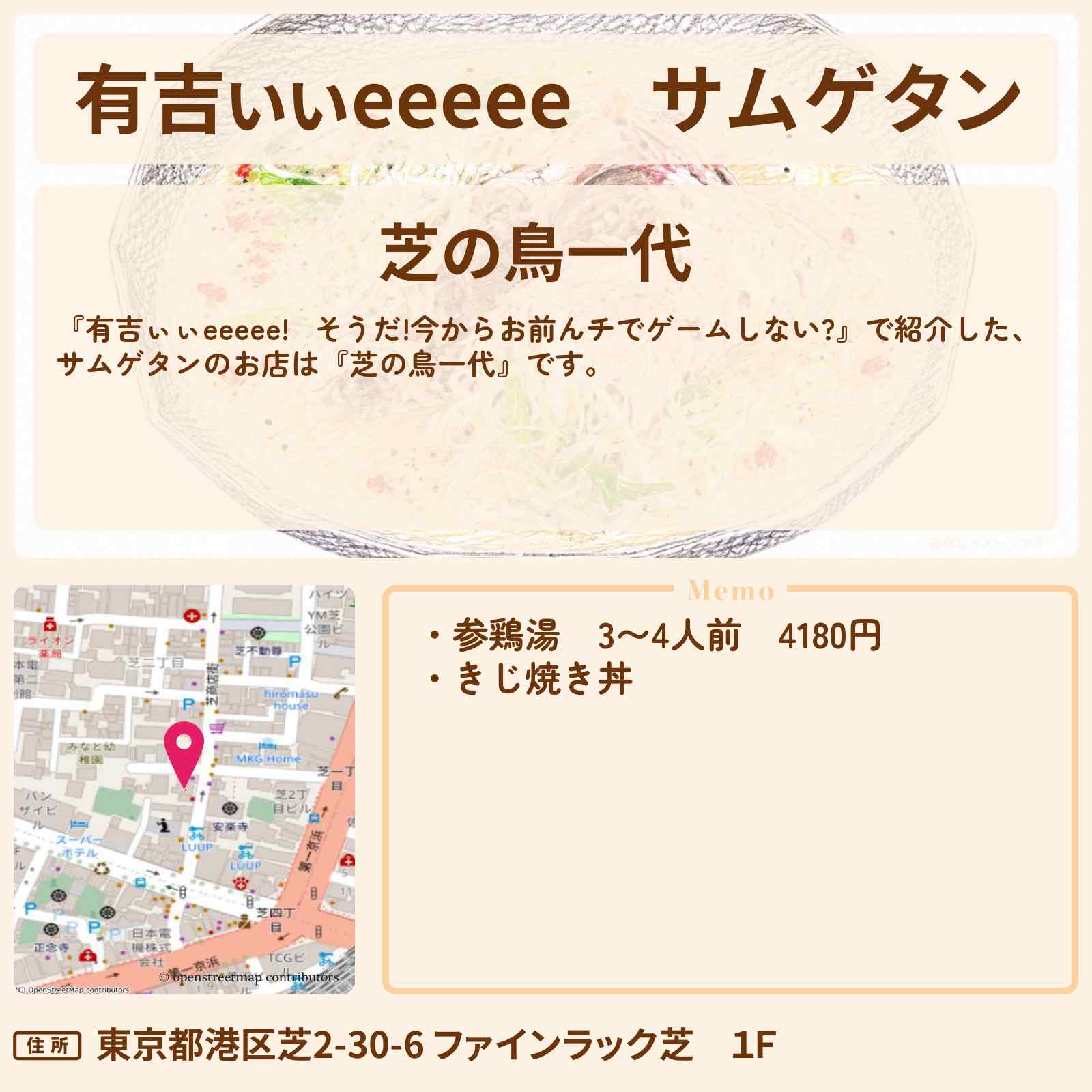 【有吉ぃぃeeeee】サムゲタン『芝の鳥一代』港区 芝商店街ロケ地のお店〔小坂菜緒・日向坂46〕