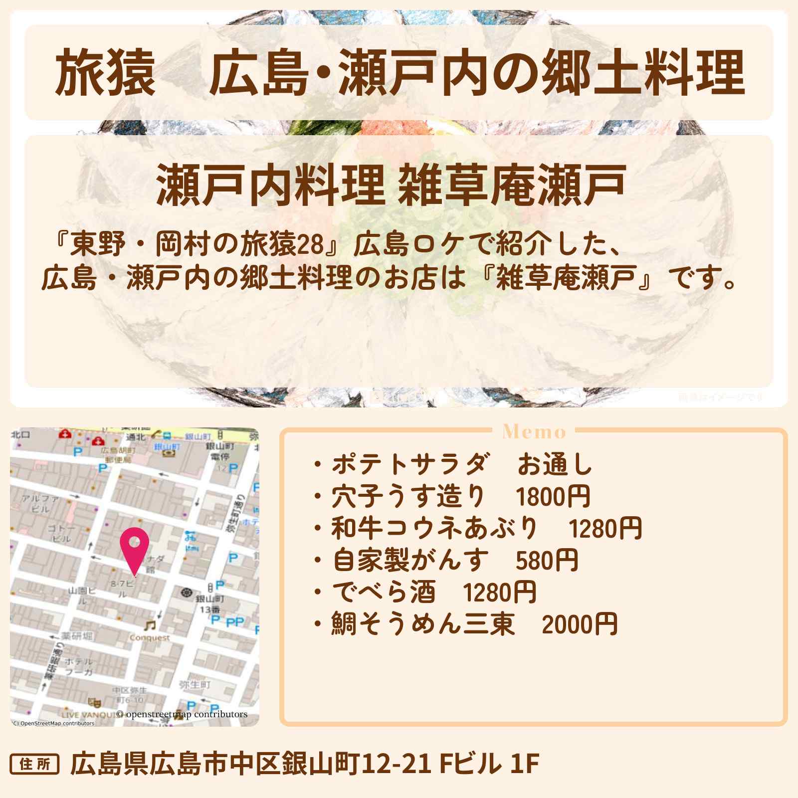 【旅猿】広島・瀬戸内の郷土料理『雑草庵瀬戸』広島のお店の場所〔三四郎・小宮浩信〕