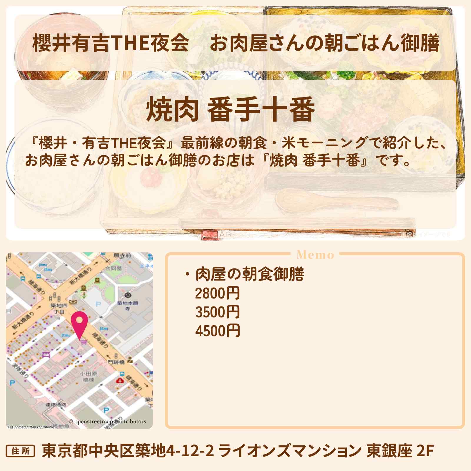 【櫻井有吉THE夜会】お肉屋さんの朝ごはん御膳『焼肉 番手十番』中島健人・板谷由夏が銀座・築地ロケのお店情報