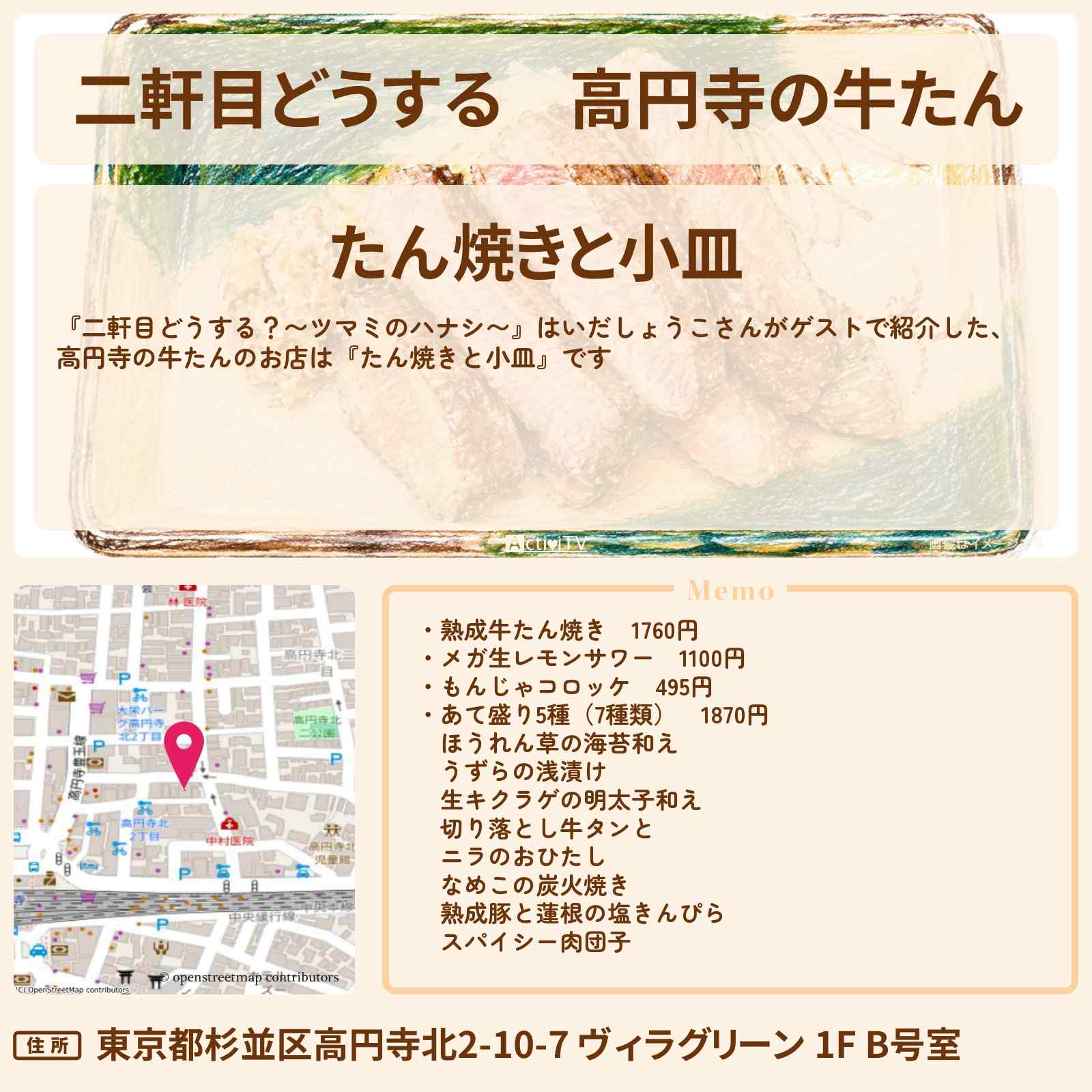 【二軒目どうする】高円寺の牛たん『たん焼きと小皿』はいだしょうこさんがゲストお店の場所〔ツマミのハナシ〕