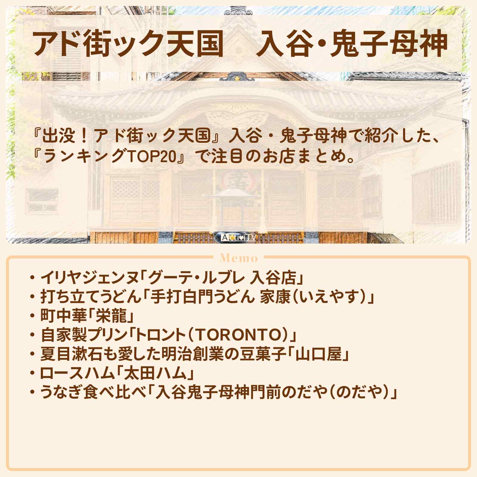 【アド街ック天国】入谷・鬼子母神『ランキングTOP20』で注目のお店まとめ