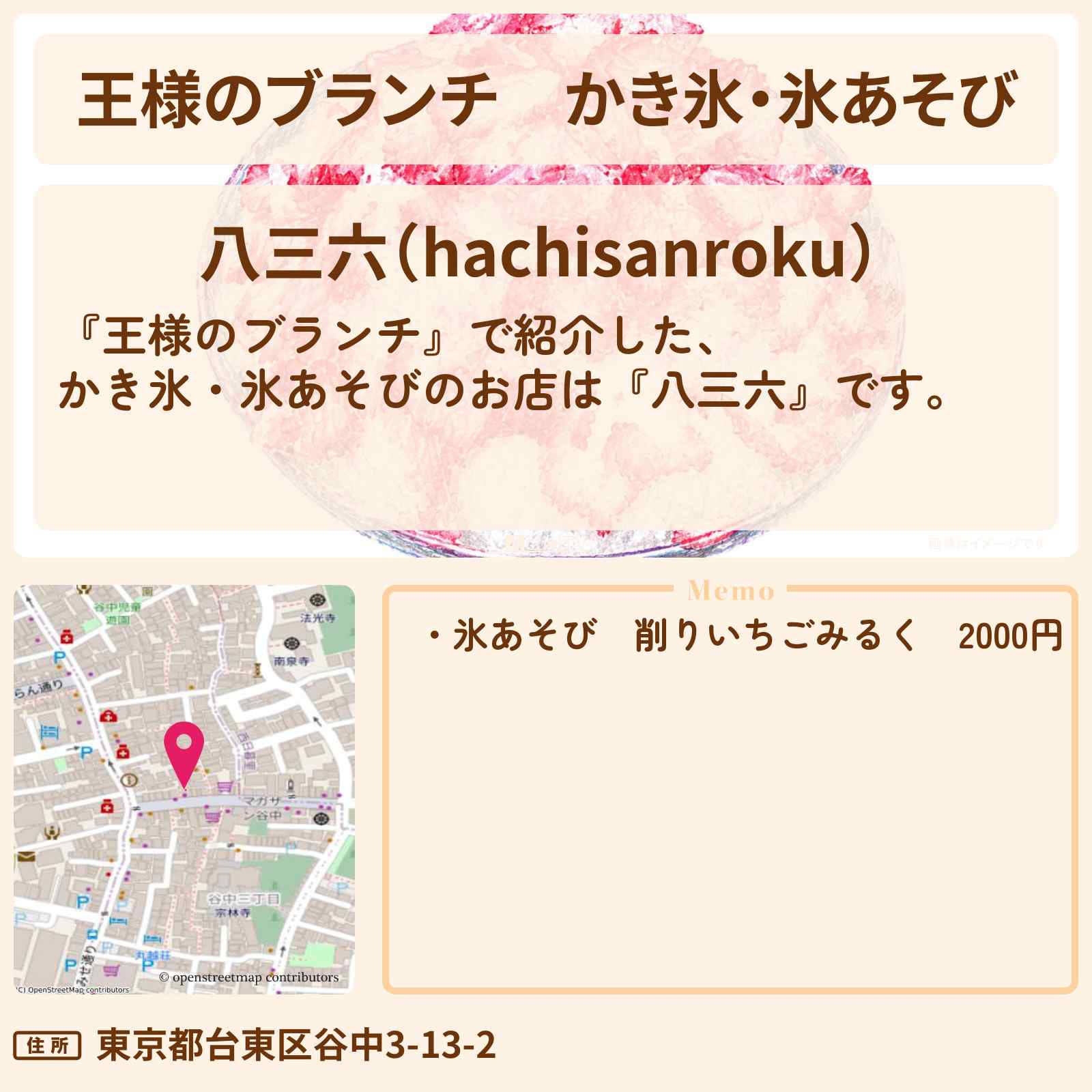 【王様のブランチ】かき氷・氷あそび『八三六』谷中のお店の場所〔トレンド部・藤森慎吾・MAZZEL・NAOYA・RYUKI〕