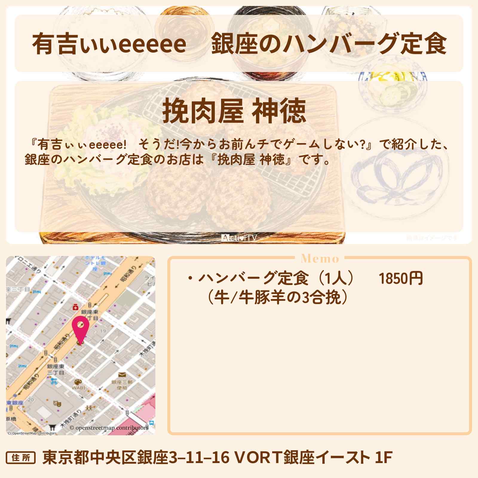 【有吉ぃぃeeeee】銀座のハンバーグ定食『挽肉屋 神徳』ロケ地のお店〔出川哲朗・小坂菜緒・日向坂46〕