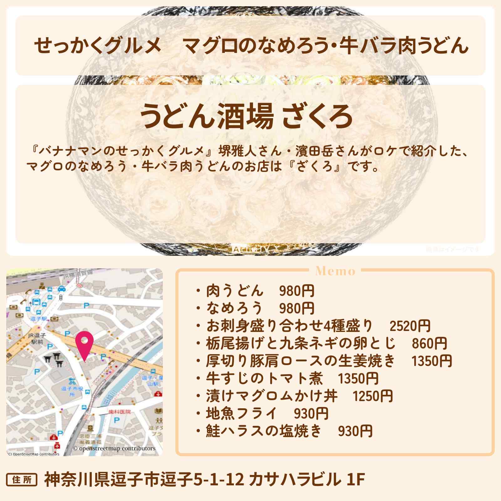 【せっかくグルメ】マグロのなめろう・牛バラ肉うどん『ざくろ』神奈川県逗子・葉山ロケのお店情報〔堺雅人・濱田岳〕