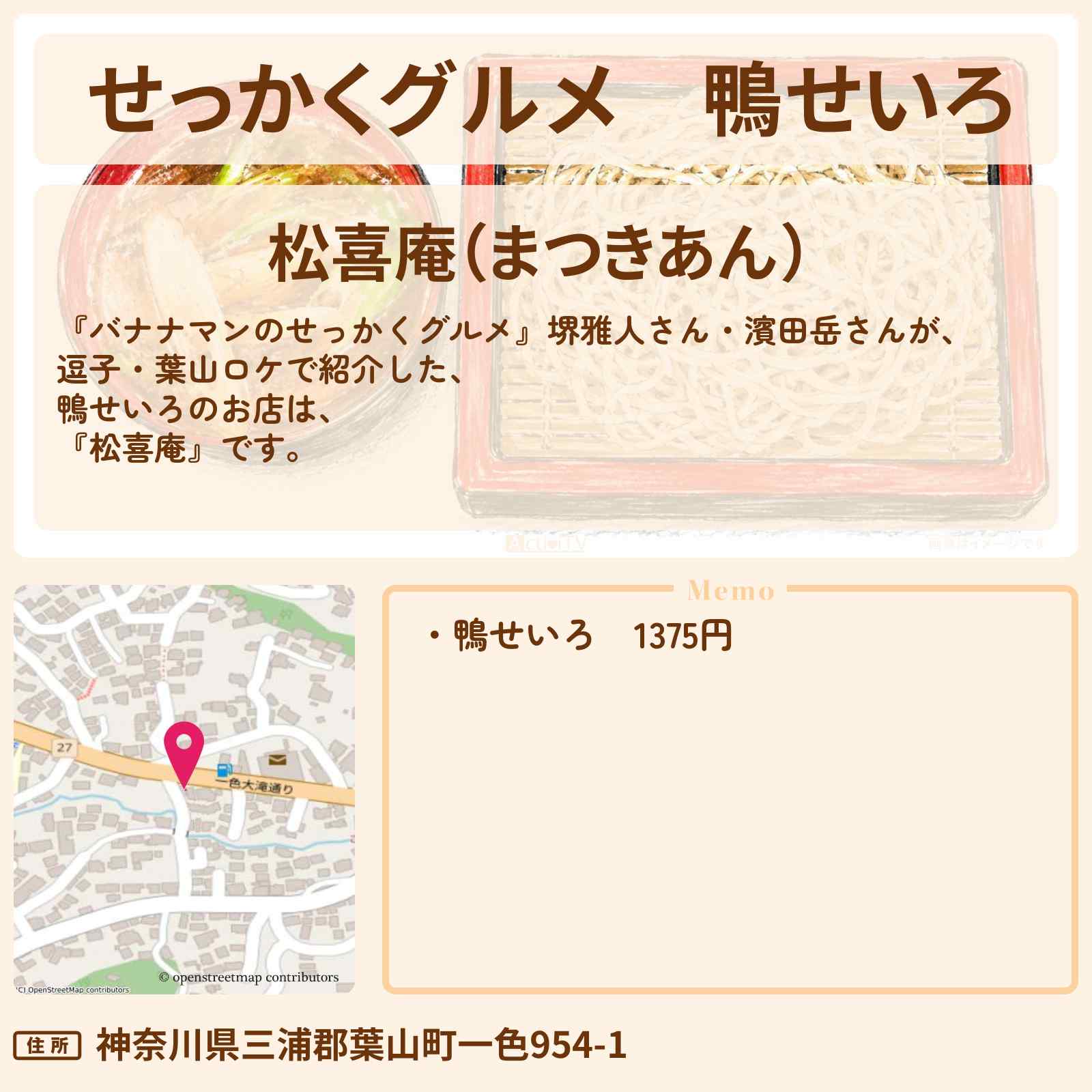 【せっかくグルメ】鴨せいろ『松喜庵』神奈川県逗子・葉山ロケのお店情報〔堺雅人・濱田岳〕