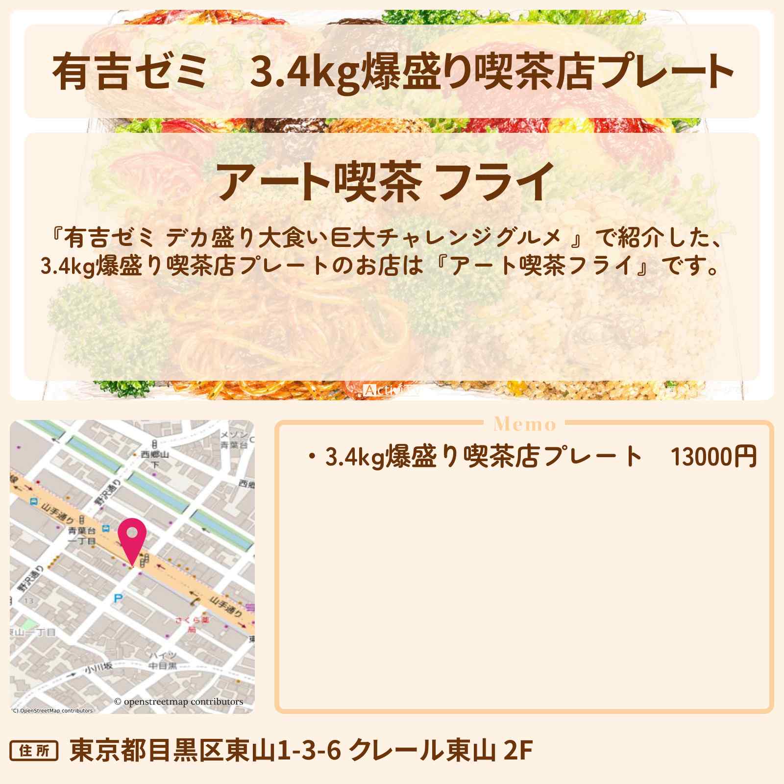 【有吉ゼミ】3.4kg爆盛り喫茶店プレート『アート喫茶フライ』中目黒のお店の場所「ギャル曽根 vs チャレンジグルメ」2026/7/6放送