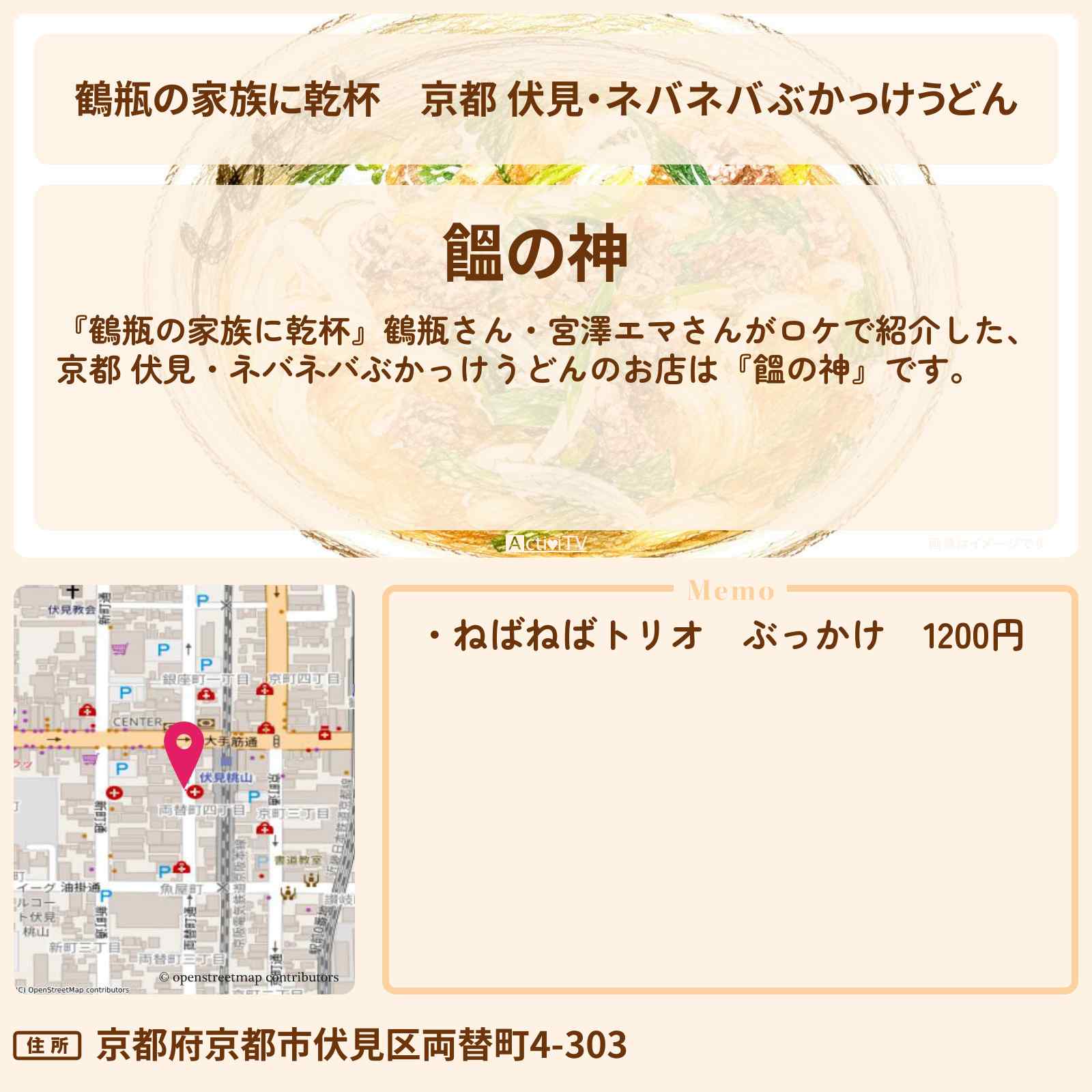 【鶴瓶の家族に乾杯】京都 伏見・ネバネバぶかっけうどん『饂の神』宮澤エマがロケをしたお店・場所を紹介