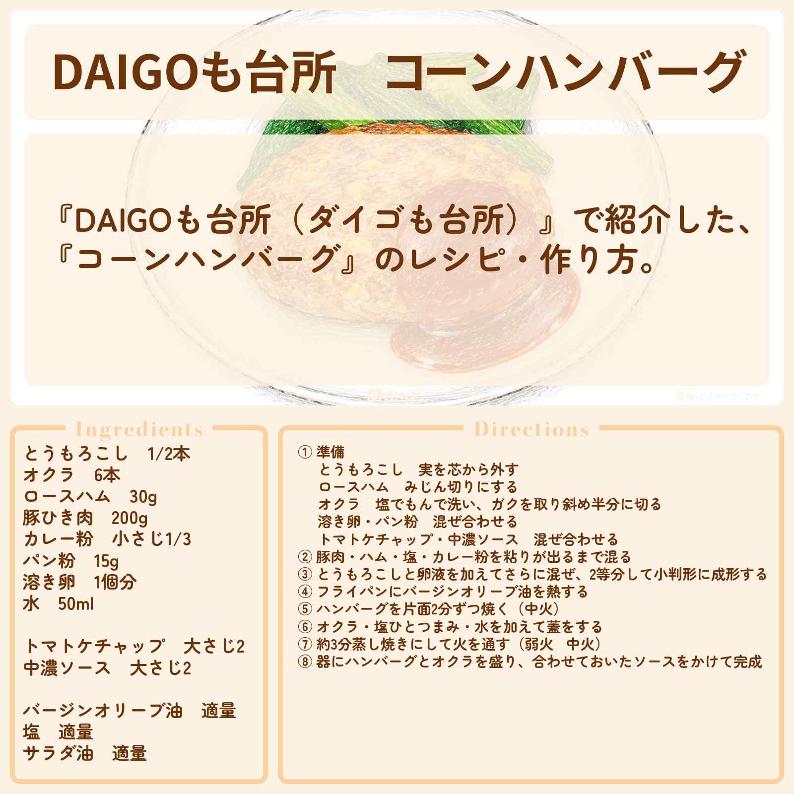 【DAIGOも台所】『コーンハンバーグ』のレシピ・作り方を紹介〔ダイゴも台所〕