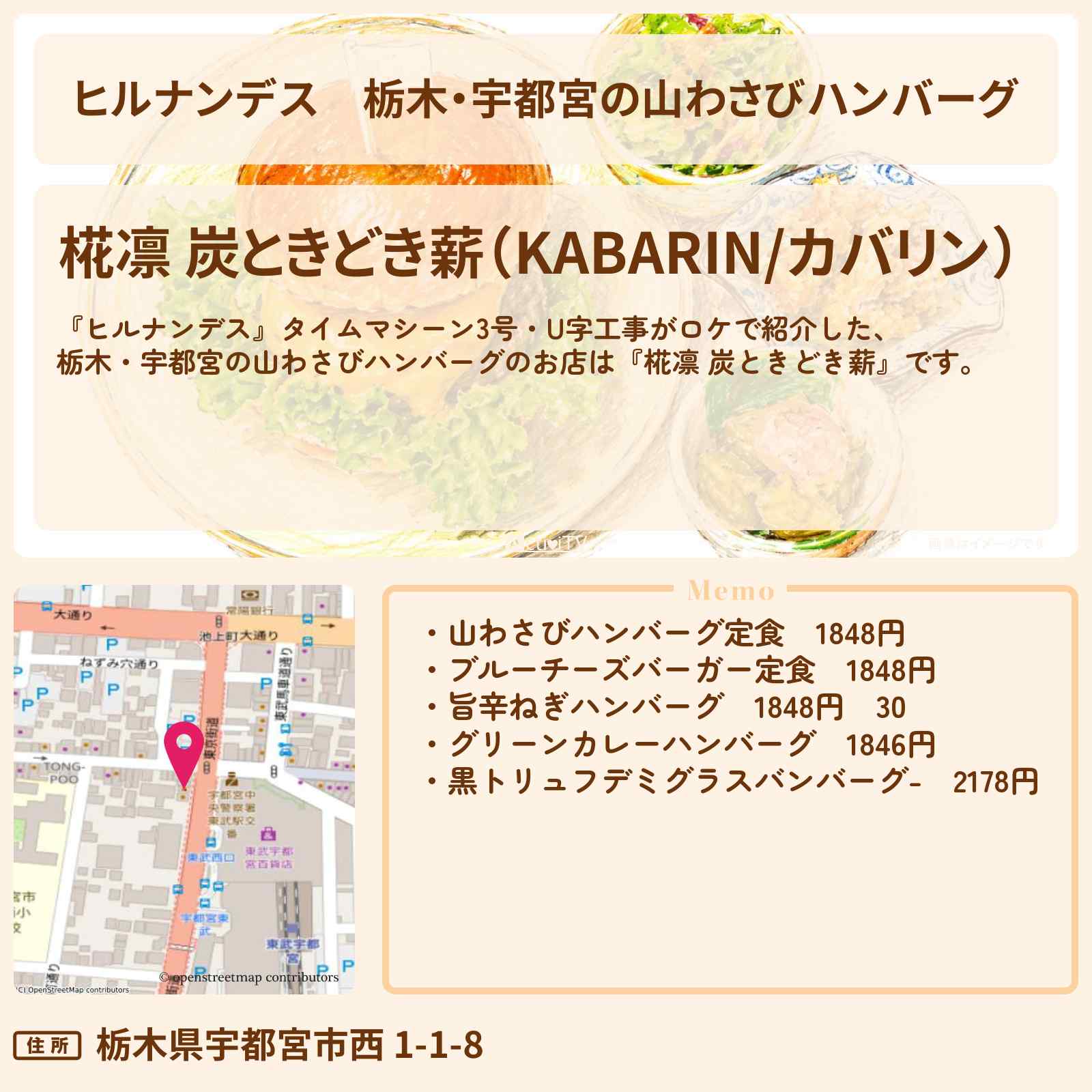 【ヒルナンデス】栃木・宇都宮の山わさびハンバーグ『椛凛 炭ときどき薪』お店情報〔タイムマシーン3号・U字工事〕
