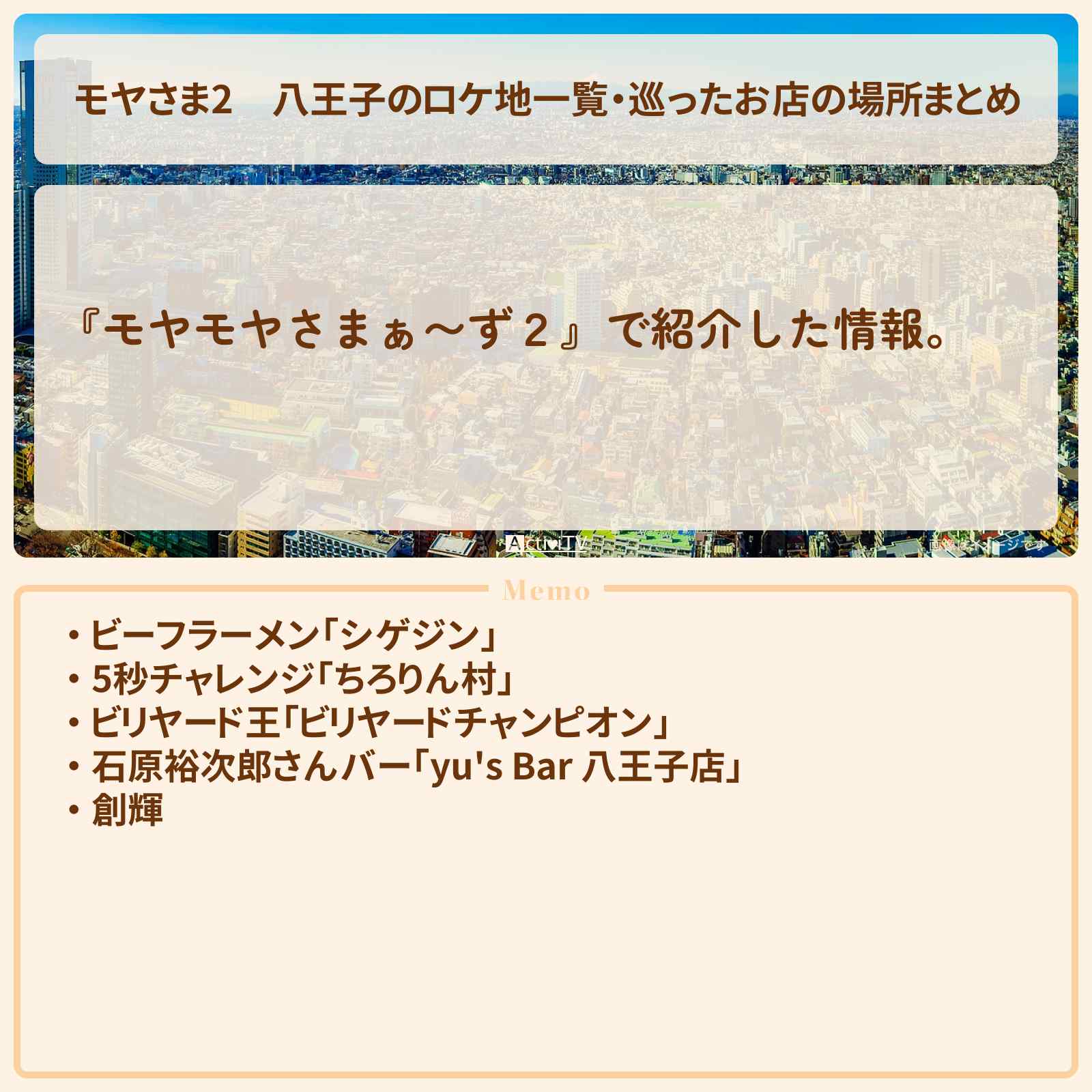 【モヤさま2】八王子のロケ地一覧・巡ったお店の場所まとめ〔モヤモヤさまぁ〜ず2〕