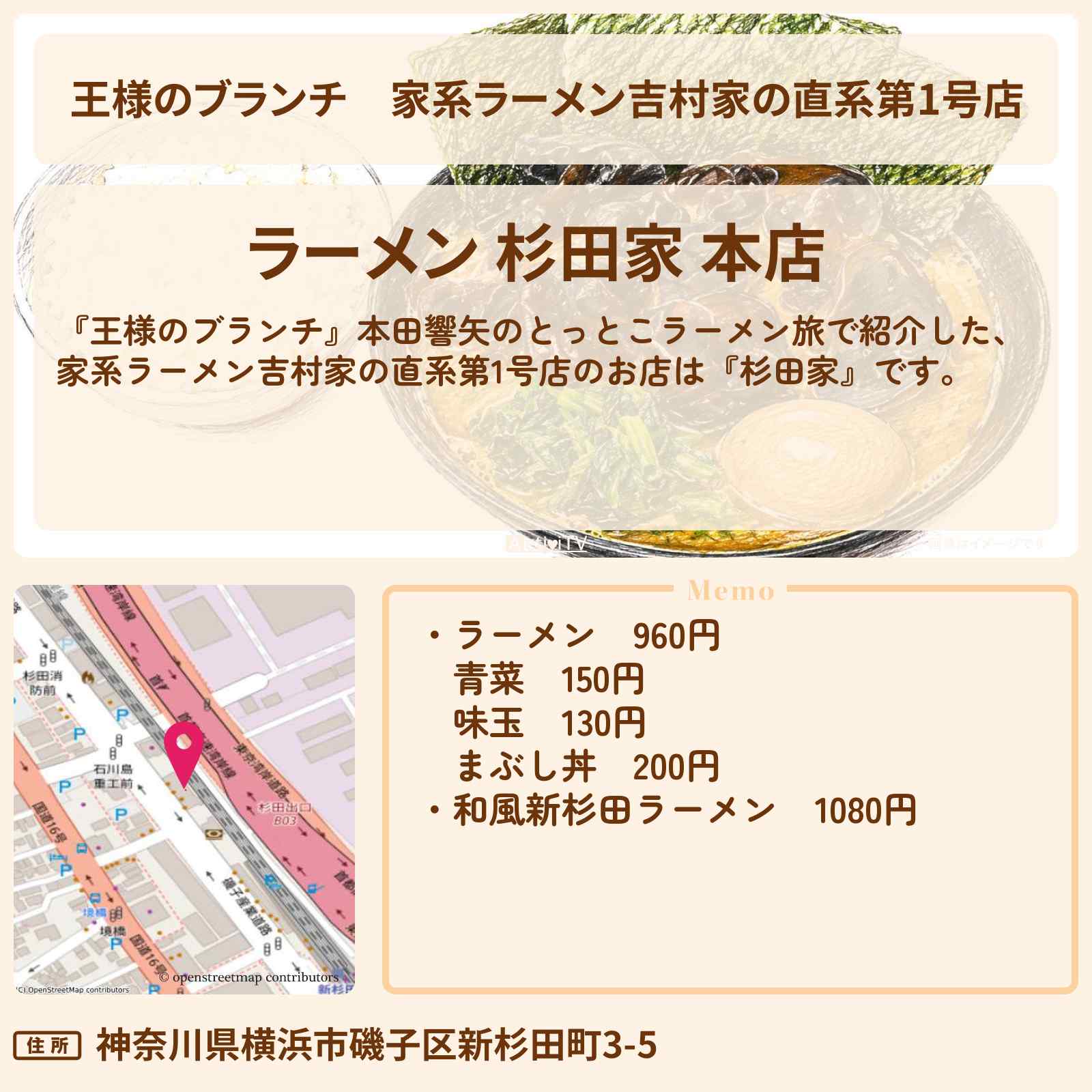 【王様のブランチ】家系ラーメン吉村家の直系第1号店『杉田家』横浜で本田響矢のとっとこラーメン旅のお店〔ごはんクラブ〕