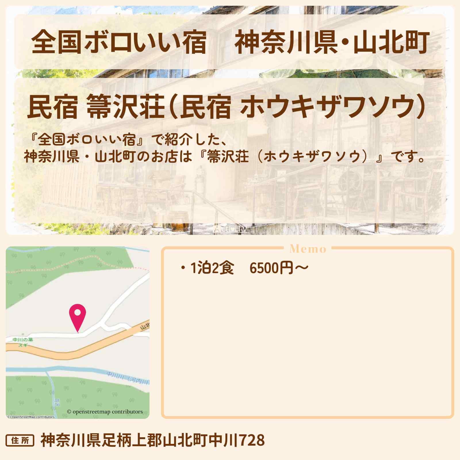 【全国ボロいい宿】神奈川県・山北町『箒沢荘(ホウキザワソウ)』のお店・ロケ地〔中西アルノ・冨里奈央・乃木坂46〕