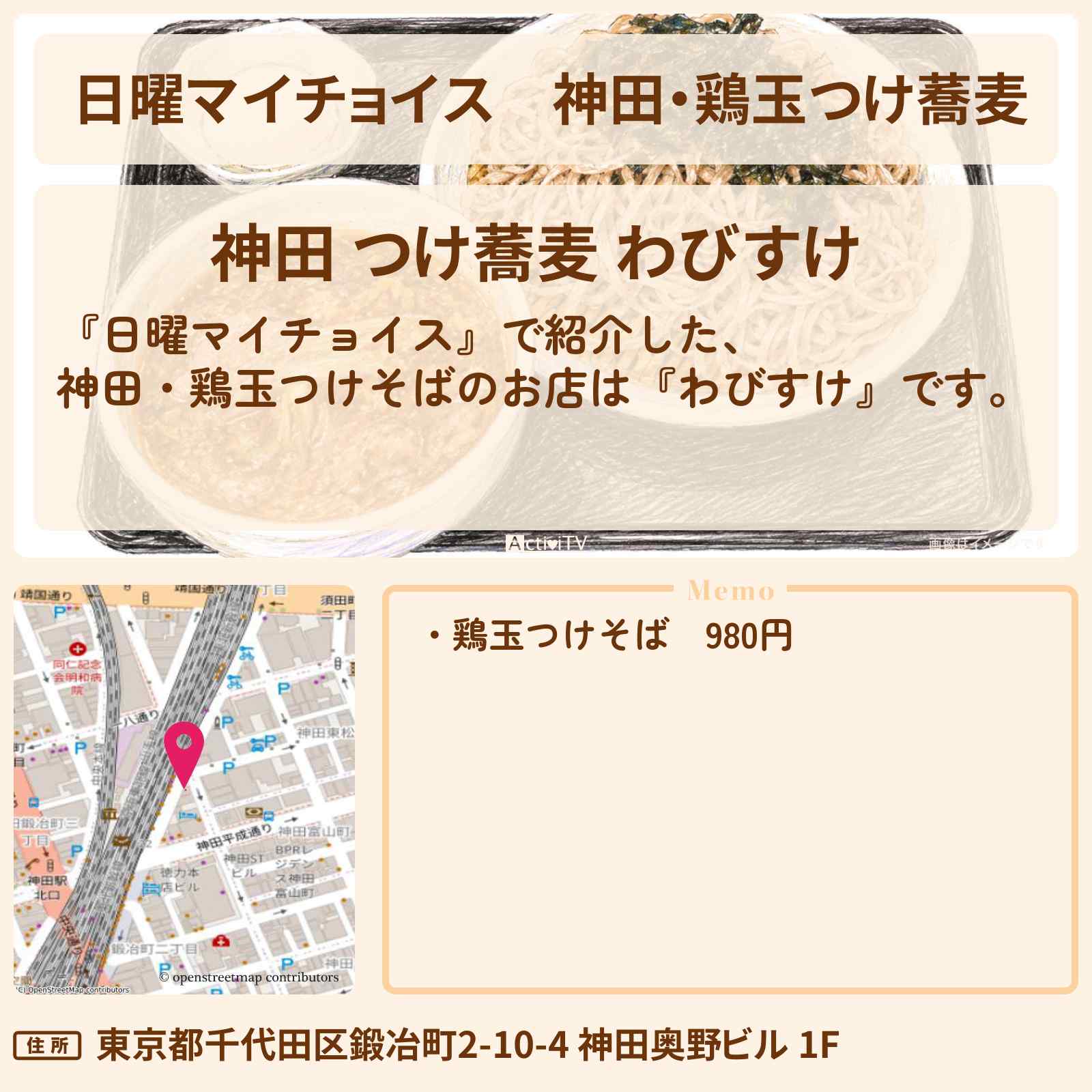 【日曜マイチョイス】神田・鶏玉つけ蕎麦『わびすけ』のお店情報〔近藤春菜・角野卓造〕