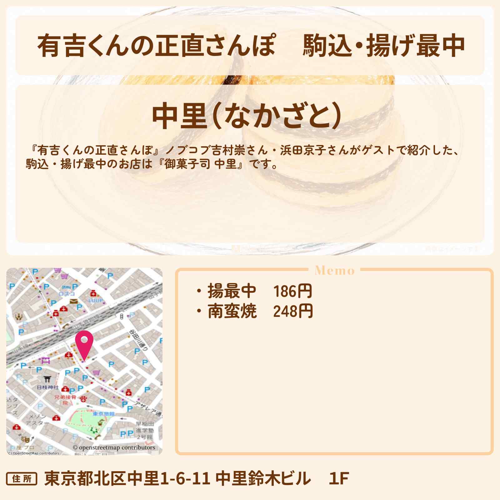 【有吉くんの正直さんぽ】駒込・揚げ最中『御菓子司 中里』お店・ロケ地を紹介〔平成ノブシコブシ・吉村崇・浜田京子〕