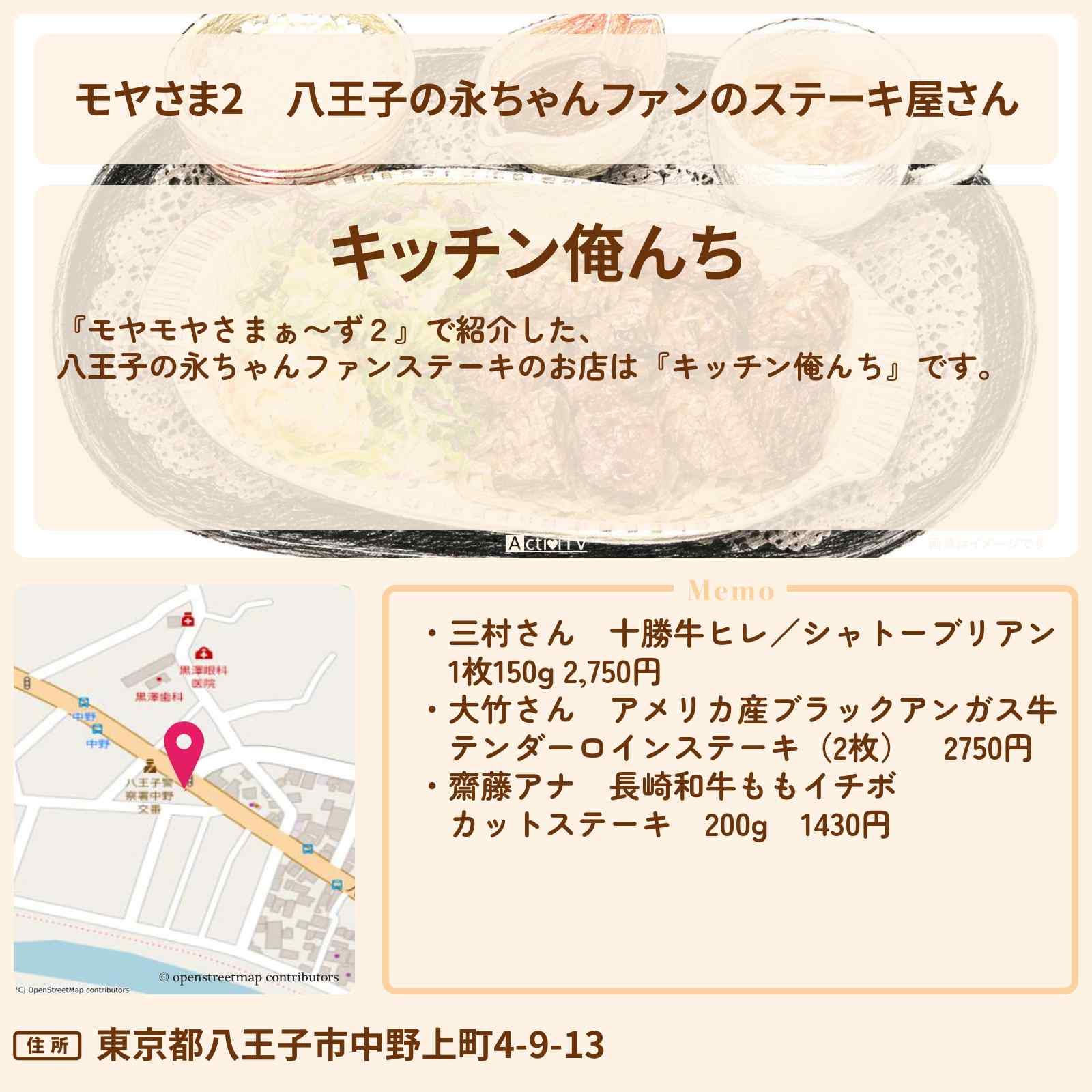 【モヤさま2】八王子の永ちゃんファンのステーキ屋さん『キッチン俺んち』八王子のお店・ロケ地〔モヤモヤさまぁ〜ず2〕
