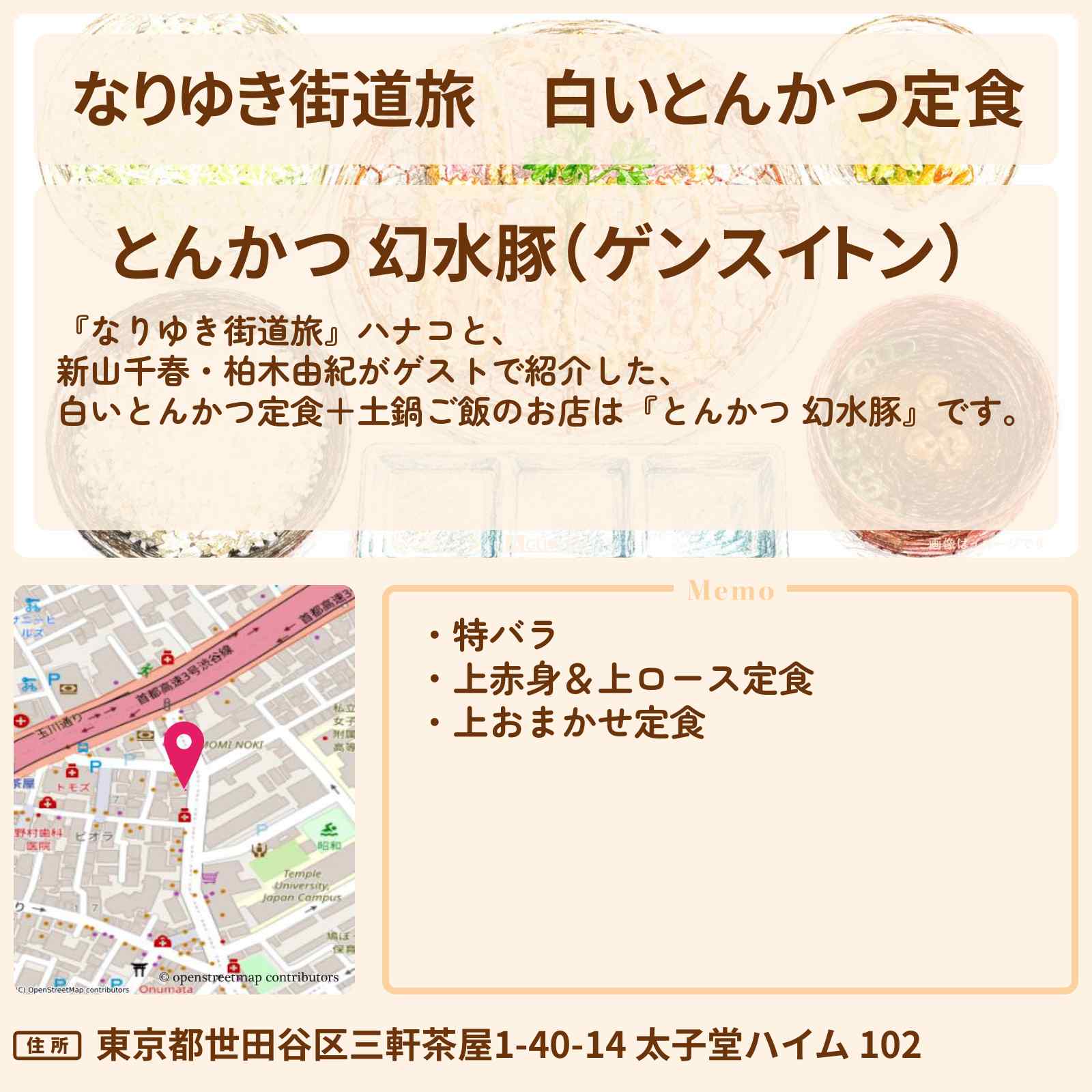 【なりゆき街道旅】白いとんかつ定食『とんかつ 幻水豚』三軒茶屋・世田谷線沿線ロケのお店を紹介〔新山千春・柏木由紀〕