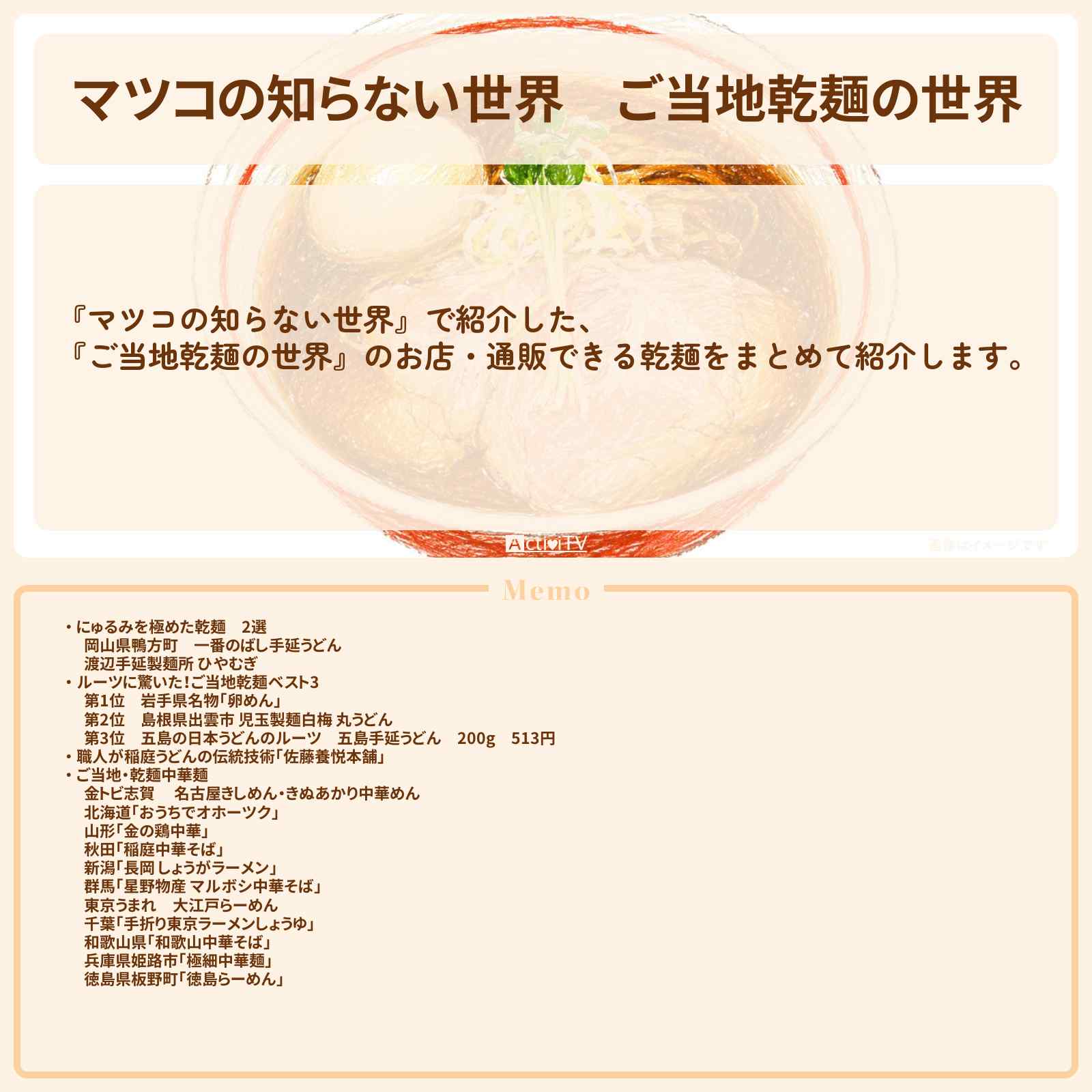 【マツコの知らない世界】『ご当地乾麺の世界』ラーメン・稲庭うどんなどのお店・乾麺の通販お取り寄せ情報まとめ