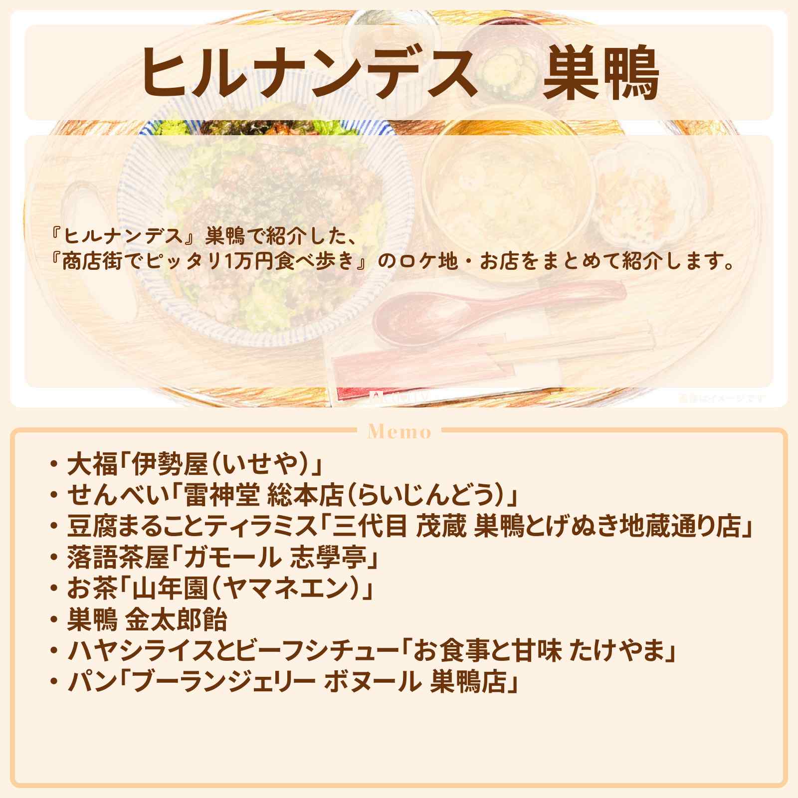 【ヒルナンデス】巣鴨『商店街でピッタリ1万円食べ歩き』のロケ地・お店まとめ〔ピース又吉・吉村崇・井森美幸〕