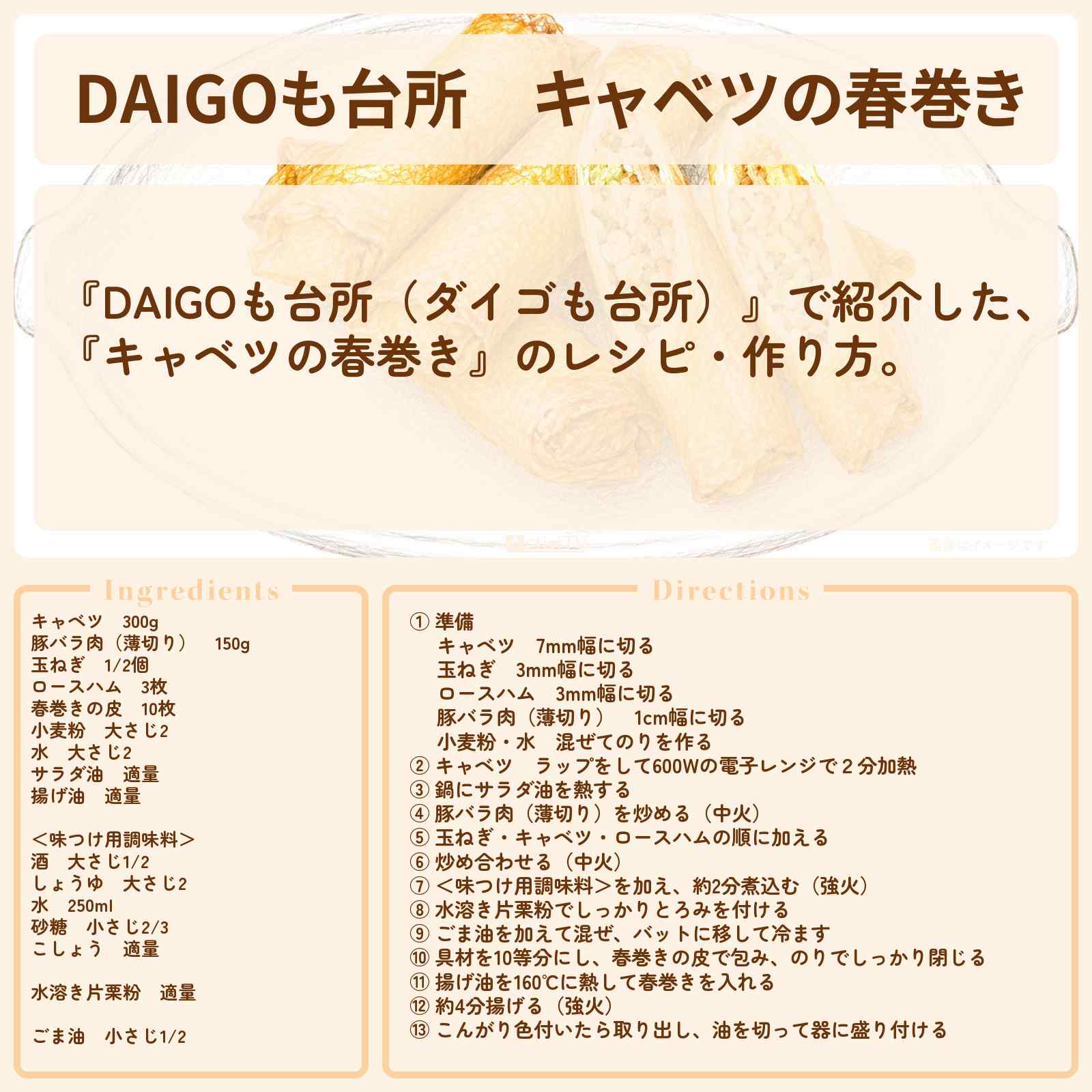 【DAIGOも台所】『キャベツの春巻き』のレシピ・作り方を紹介〔ダイゴも台所〕