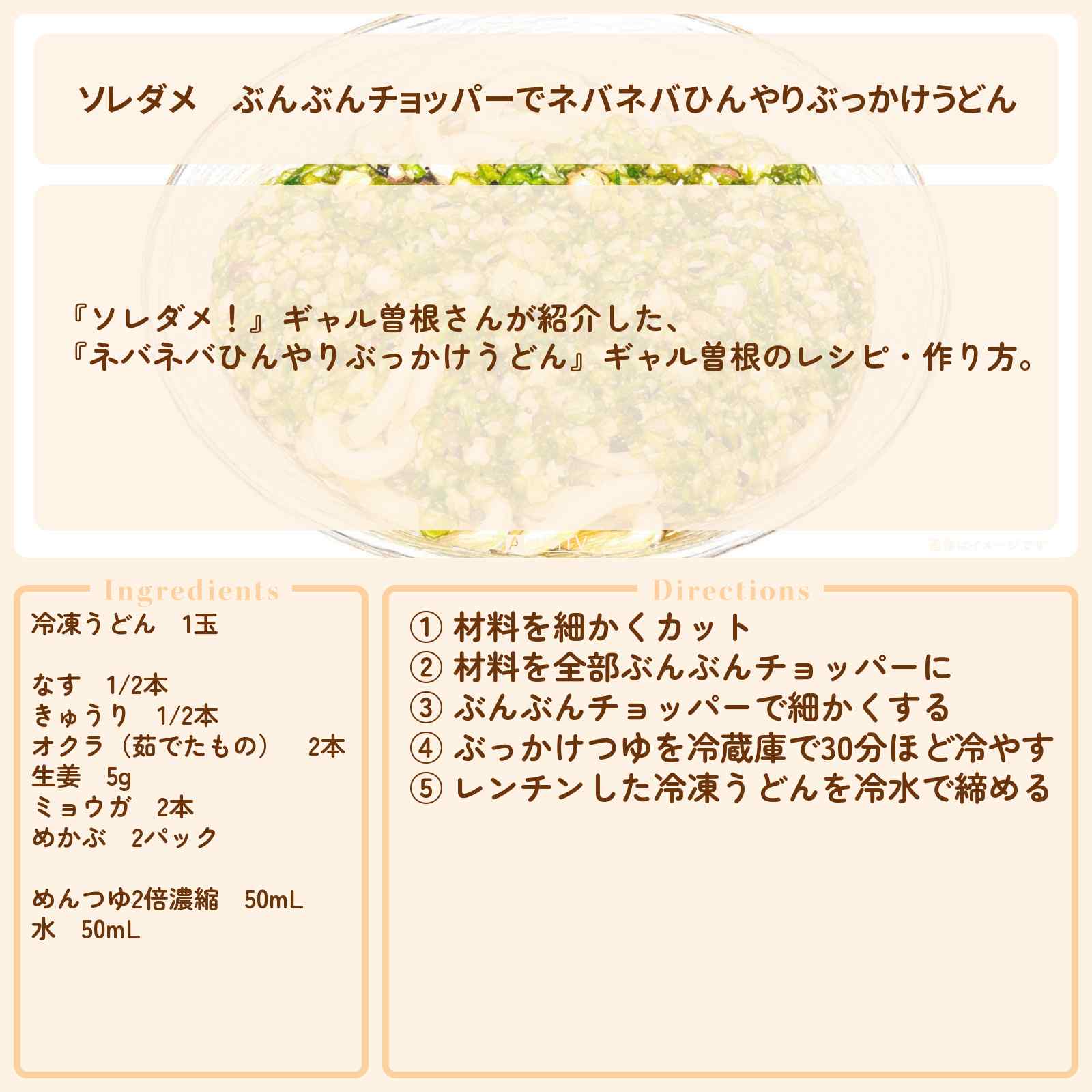 【ソレダメ】ぶんぶんチョッパーで『ネバネバひんやりぶっかけうどん』ギャル曽根のレシピ・作り方