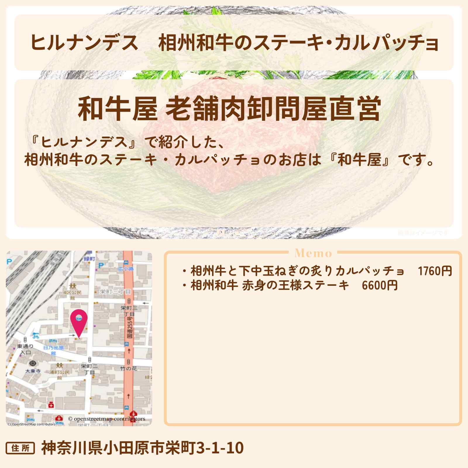 【ヒルナンデス】相州和牛のステーキ・カルパッチョ『和牛屋』小田原のお店情報〔なすなかにし・榊原郁恵〕