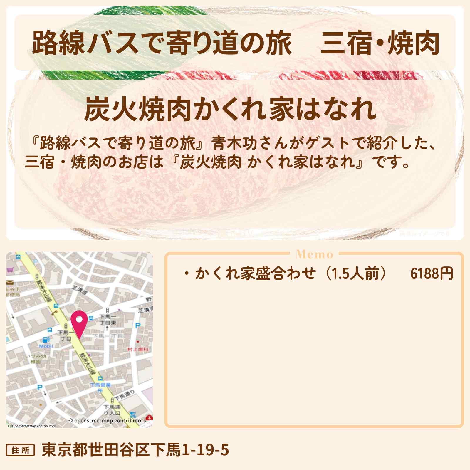 【路線バスで寄り道の旅】三宿・焼肉『炭火焼肉 かくれ家はなれ』のお店の場所〔青木功〕