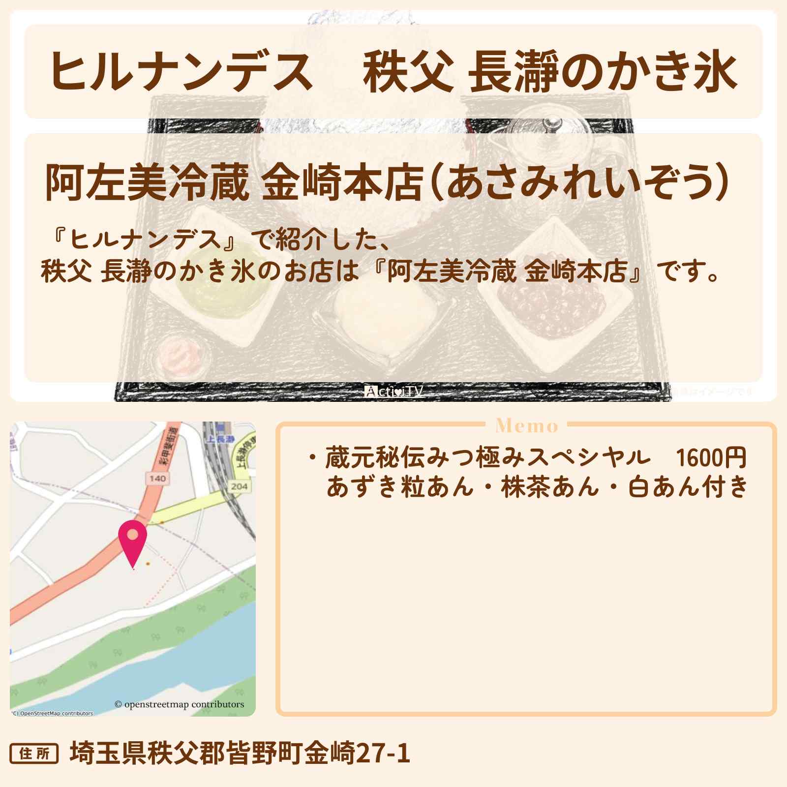 【ヒルナンデス】秩父 長瀞のかき氷『阿左美冷蔵 金崎本店』のお店情報〔榊原郁恵・きしたかの・ACEes 那須雄登〕