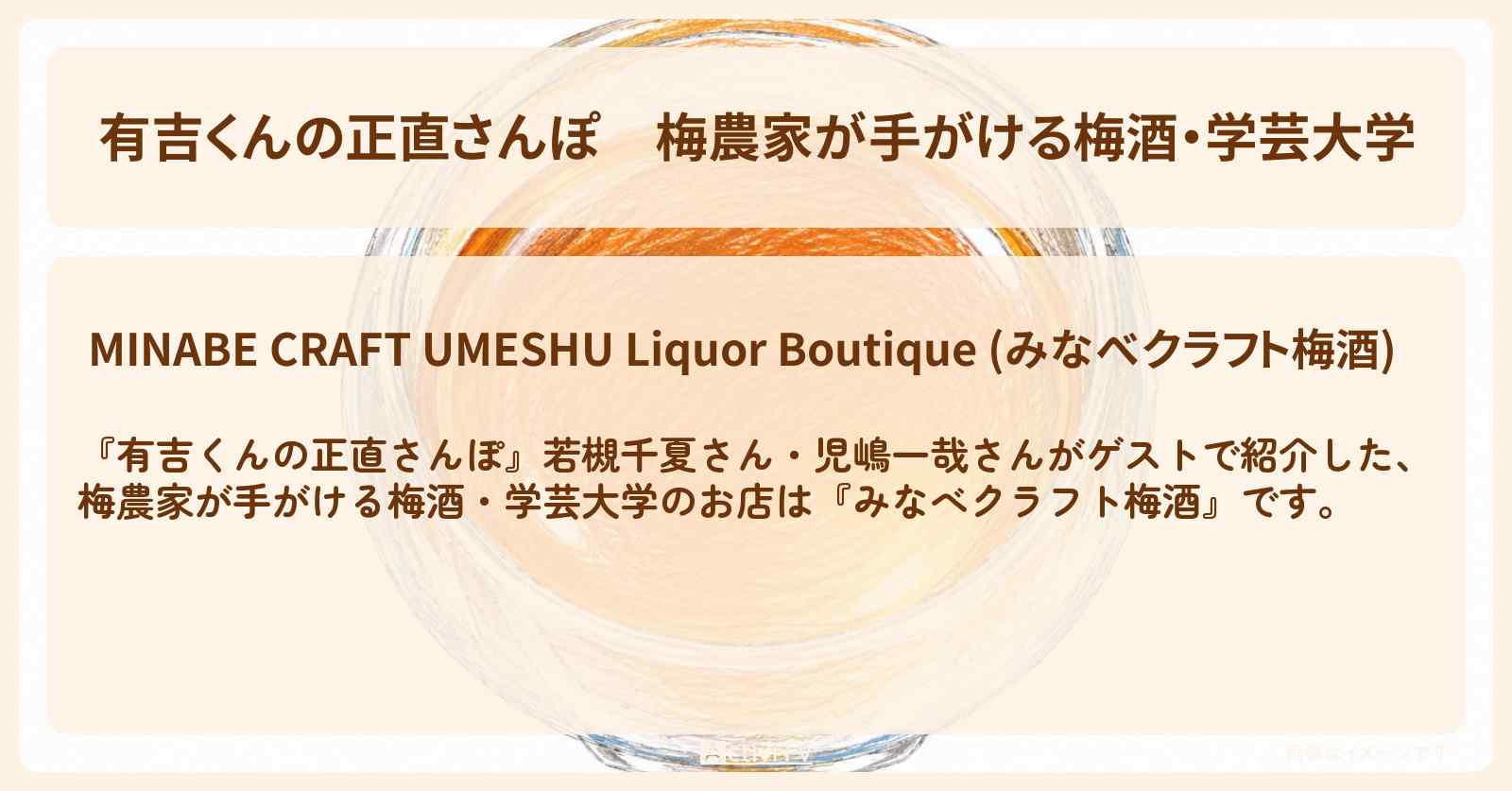 【有吉くんの正直さんぽ】梅農家が手がける梅酒・学芸大学『みなべクラフト梅酒』のお店・ロケ地を紹介〔若槻千夏・児嶋一哉〕