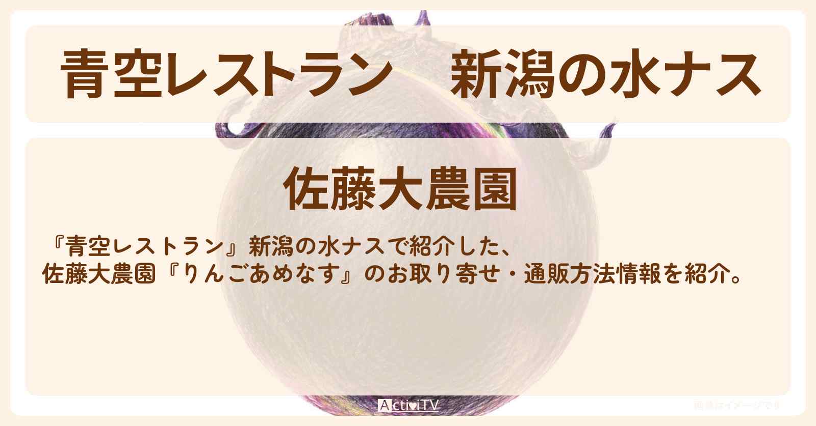 【青空レストラン】新潟の水ナス『りんごあめなす(佐藤大農園)』のお取り寄せ・通販方法〔〕