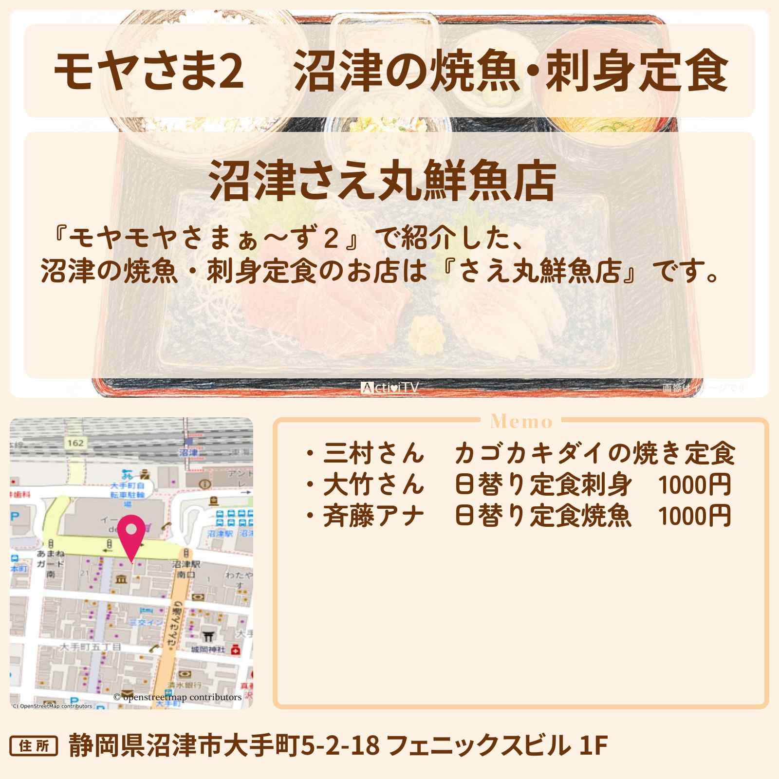【モヤさま2】沼津の焼魚・刺身定食『さえ丸鮮魚店』お店・ロケ地〔モヤモヤさまぁ〜ず2〕
