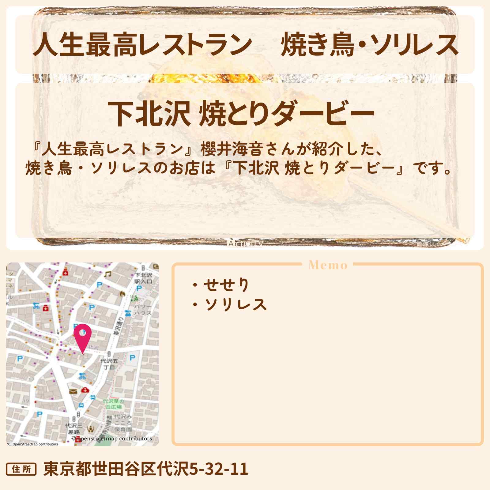 【人生最高レストラン】焼き鳥・ソリレス 櫻井海音『下北沢 焼とりダービー』のお店の場所