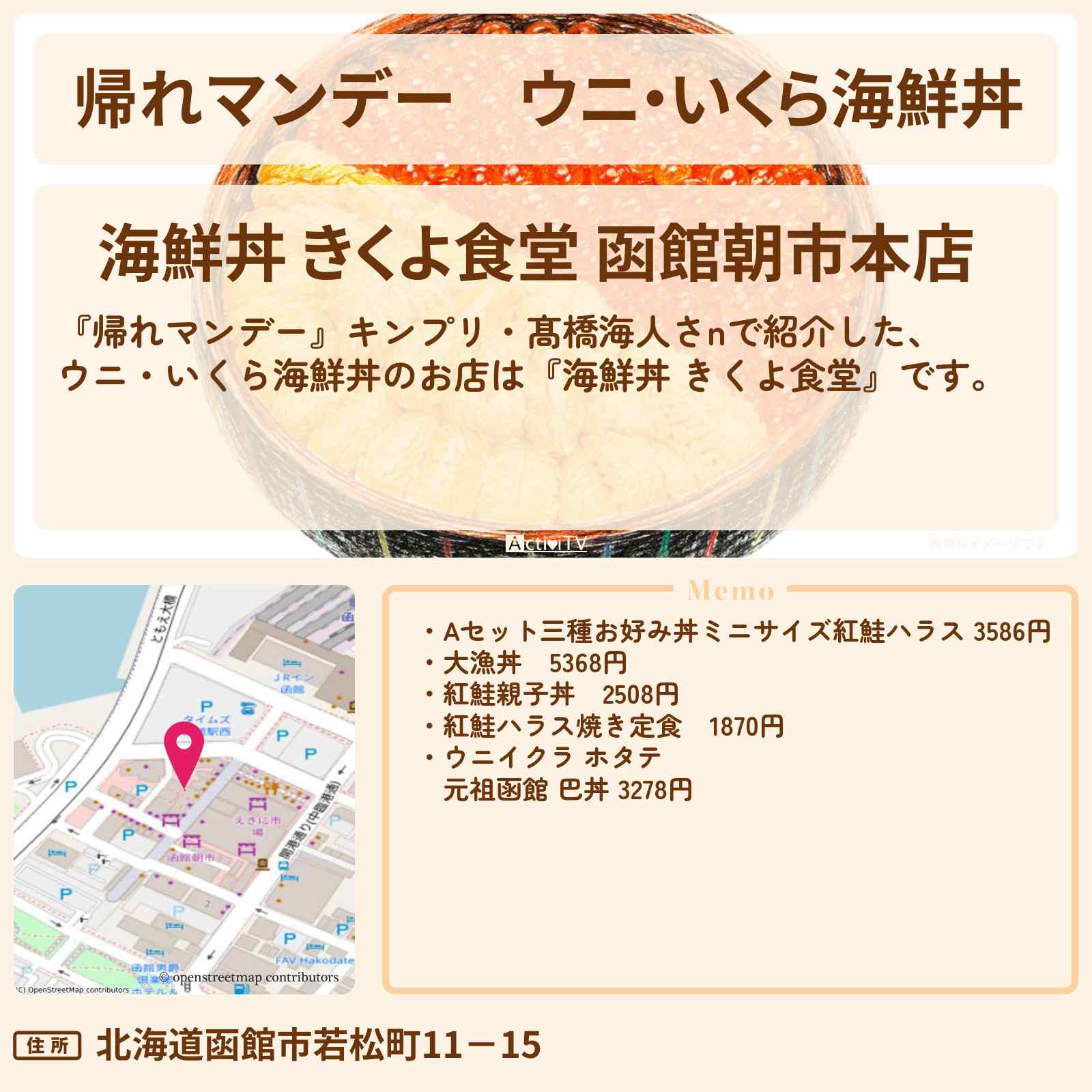 【帰れマンデー】ウニ・いくら海鮮丼『海鮮丼 きくよ食堂』函館のお店の場所〔キンプリ・髙橋海人〕