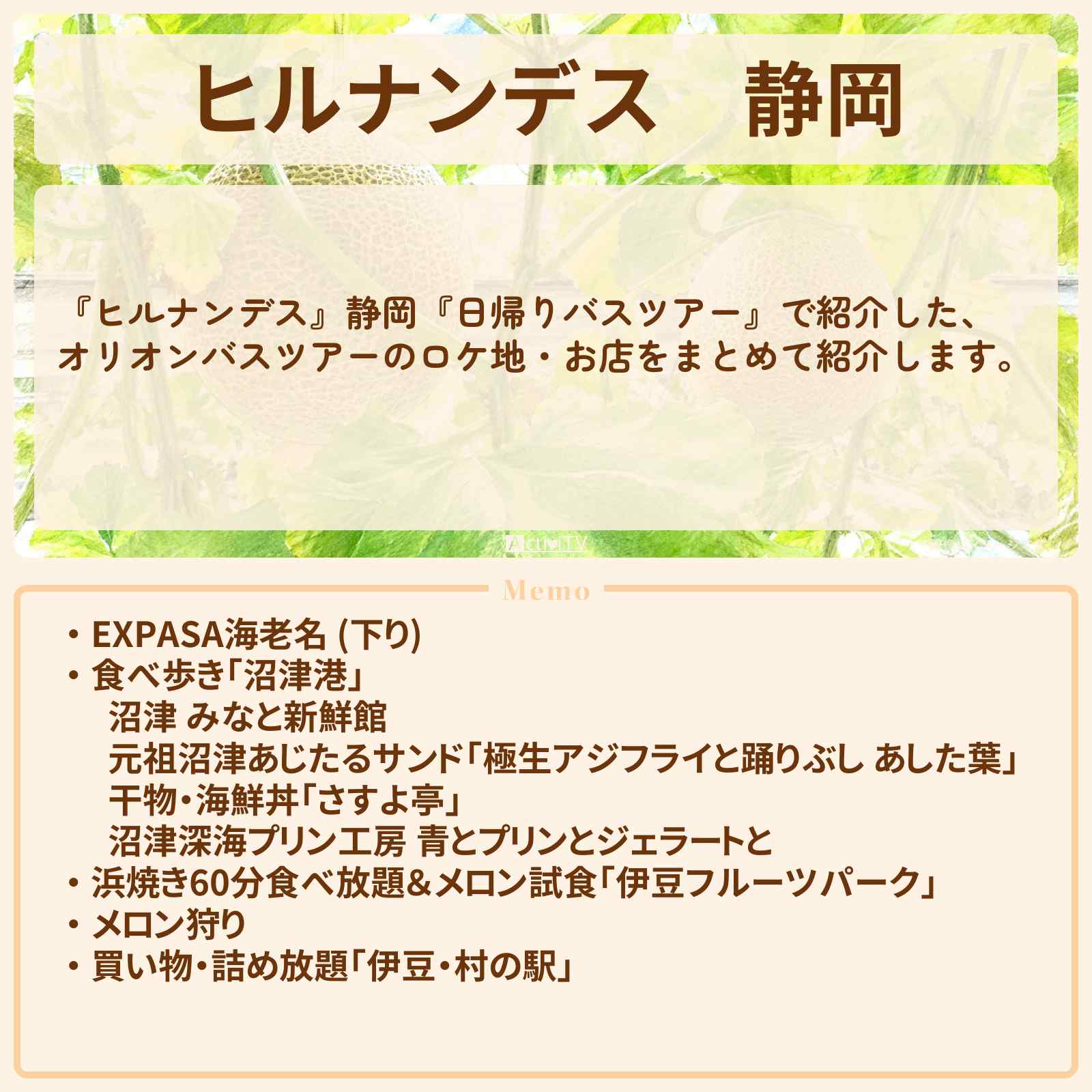 【ヒルナンデス】静岡『メロンづくし日帰りバスツアー』のロケ地・お店まとめ〔キンプリ・髙橋海人・南野陽子〕