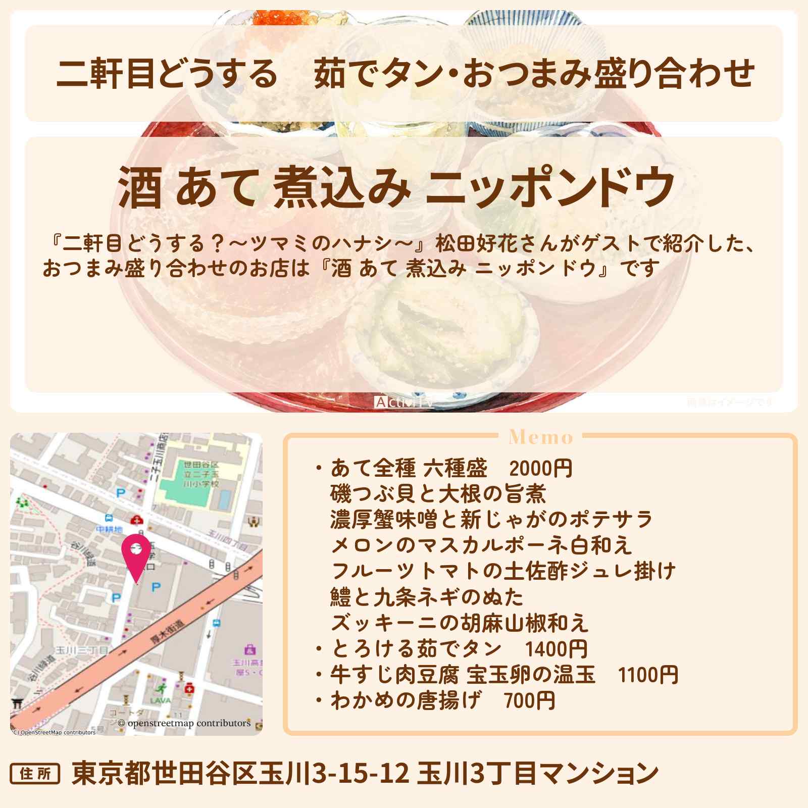 【二軒目どうする】茹でタン・おつまみ盛り合わせ『酒 あて 煮込み ニッポンドウ』二子玉川のお店の場所〔松田好花・ツマミのハナシ〕